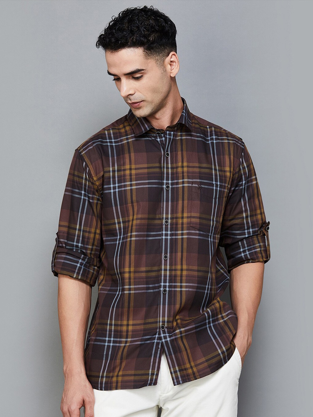 

CODE by Lifestyle Slim Fit Tartan Checks Spread Collar Long Roll Up Sleeves Casual Shirt, Brown