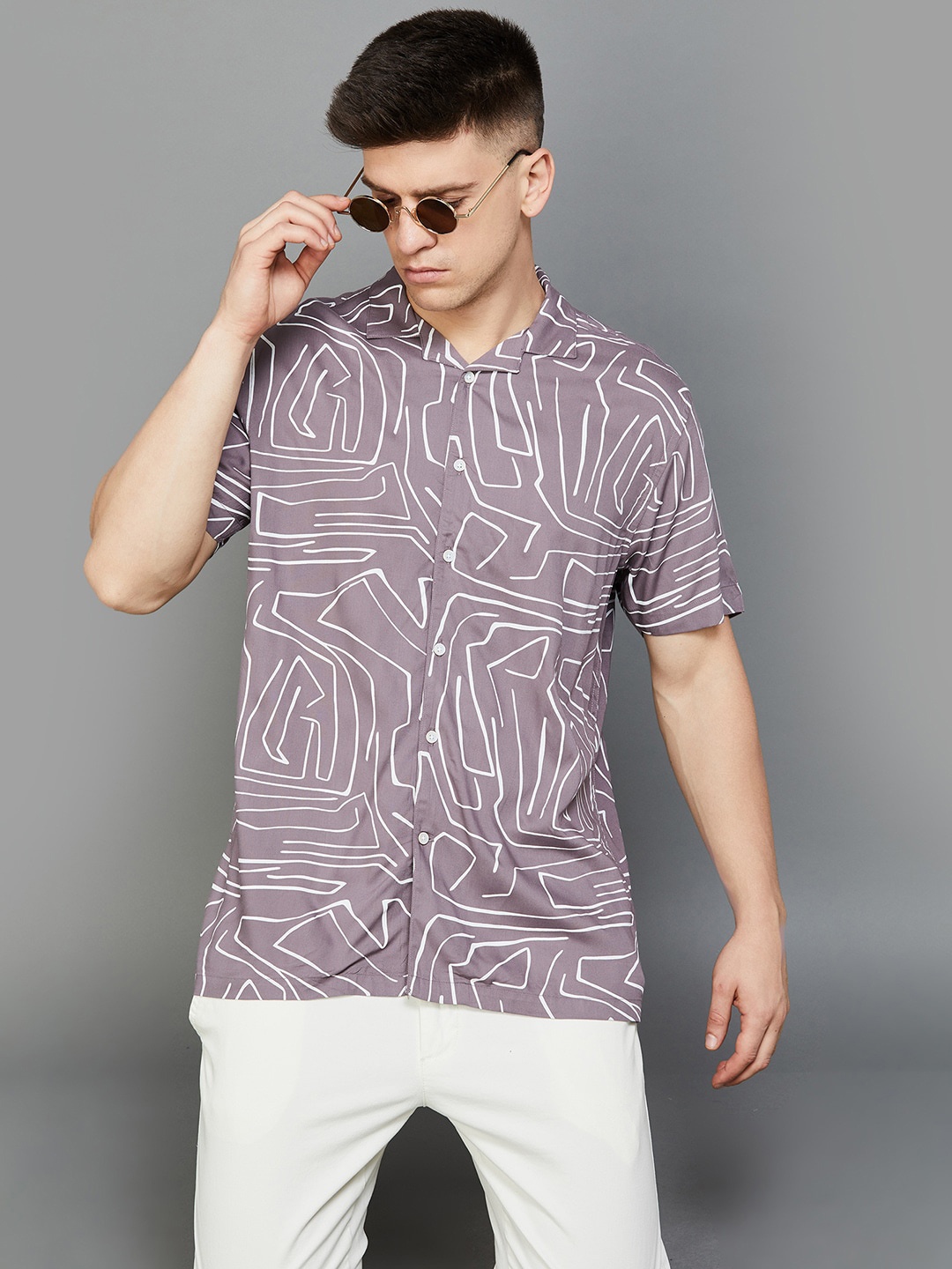 

CODE by Lifestyle Abstract Printed Club Collar Short Sleeves Casual Shirt, Purple