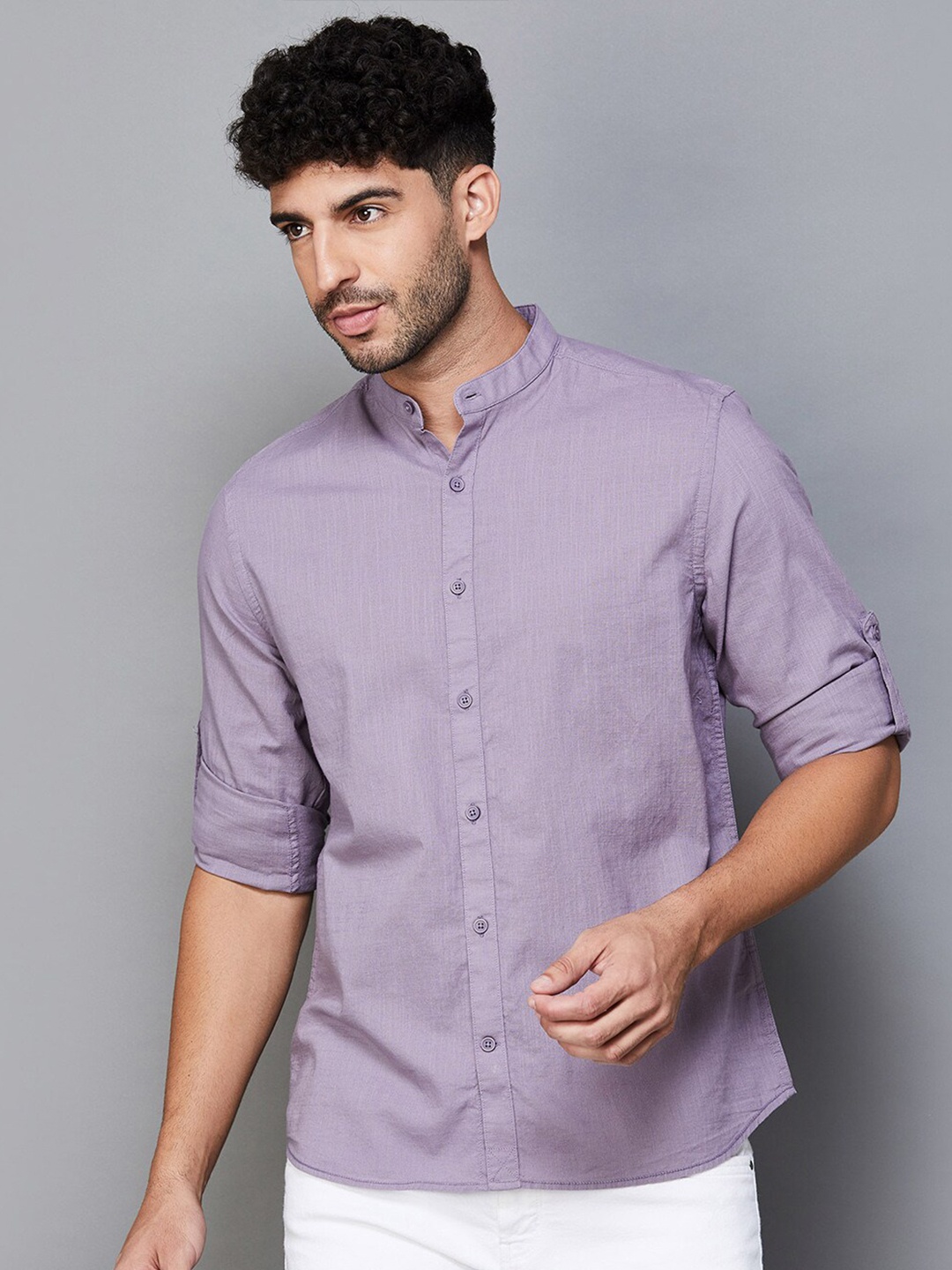 

CODE by Lifestyle Mandarin Collar Long Roll Up Sleeves Cotton Casual Shirt, Purple