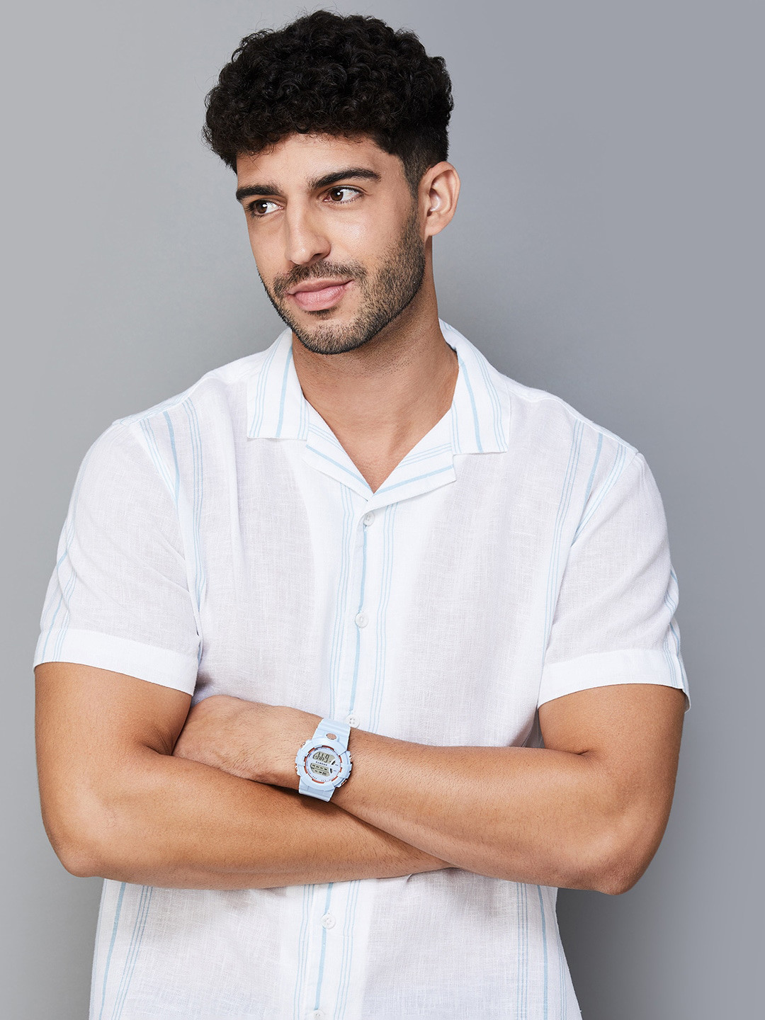 

CODE by Lifestyle Striped Spread Collar Short Sleeves Casual Shirt, White