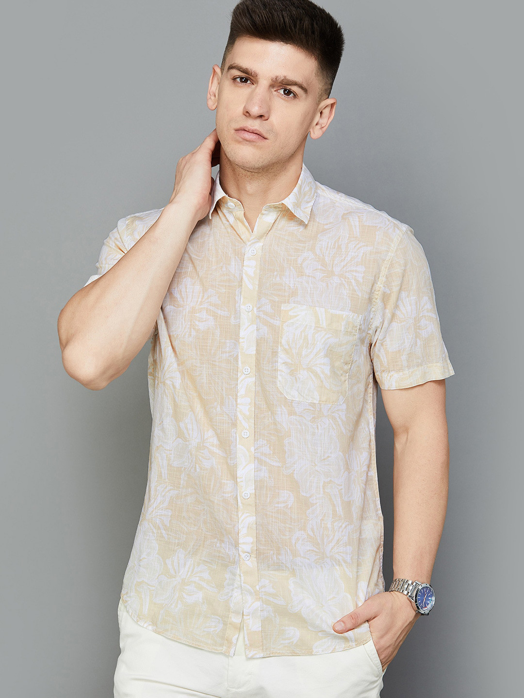 

CODE by Lifestyle Floral Printed Cotton Spread Collar Curved Casual Shirt, Beige