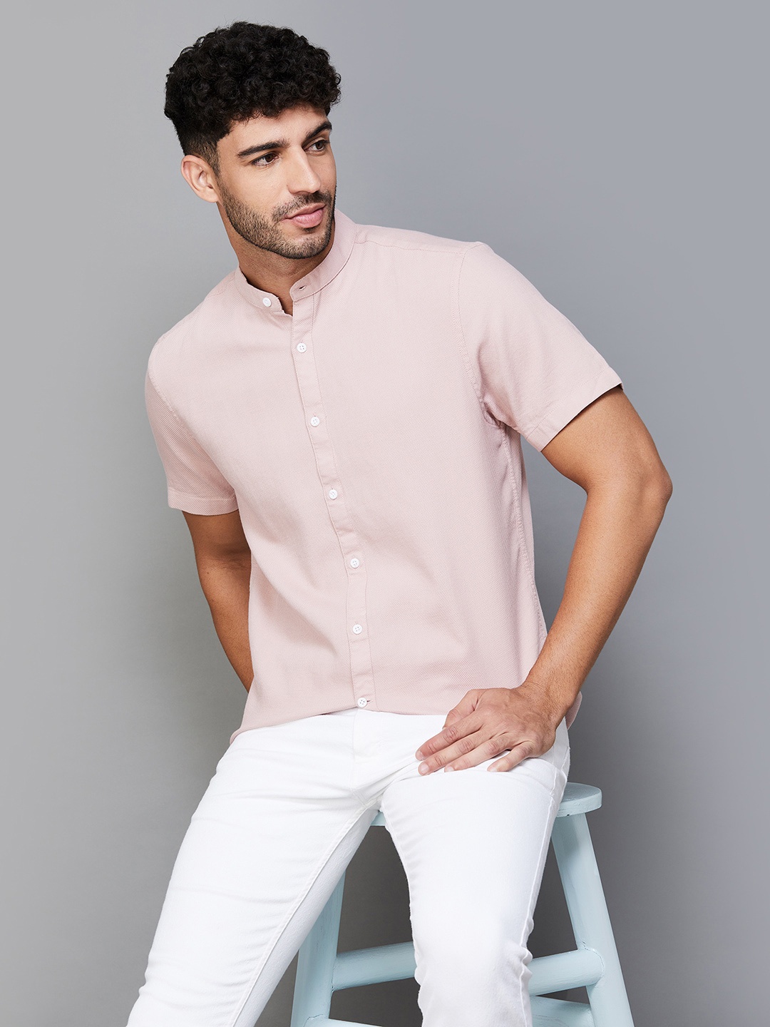 

CODE by Lifestyle Mandarin Collar Short Sleeves Cotton Casual Shirt, Pink
