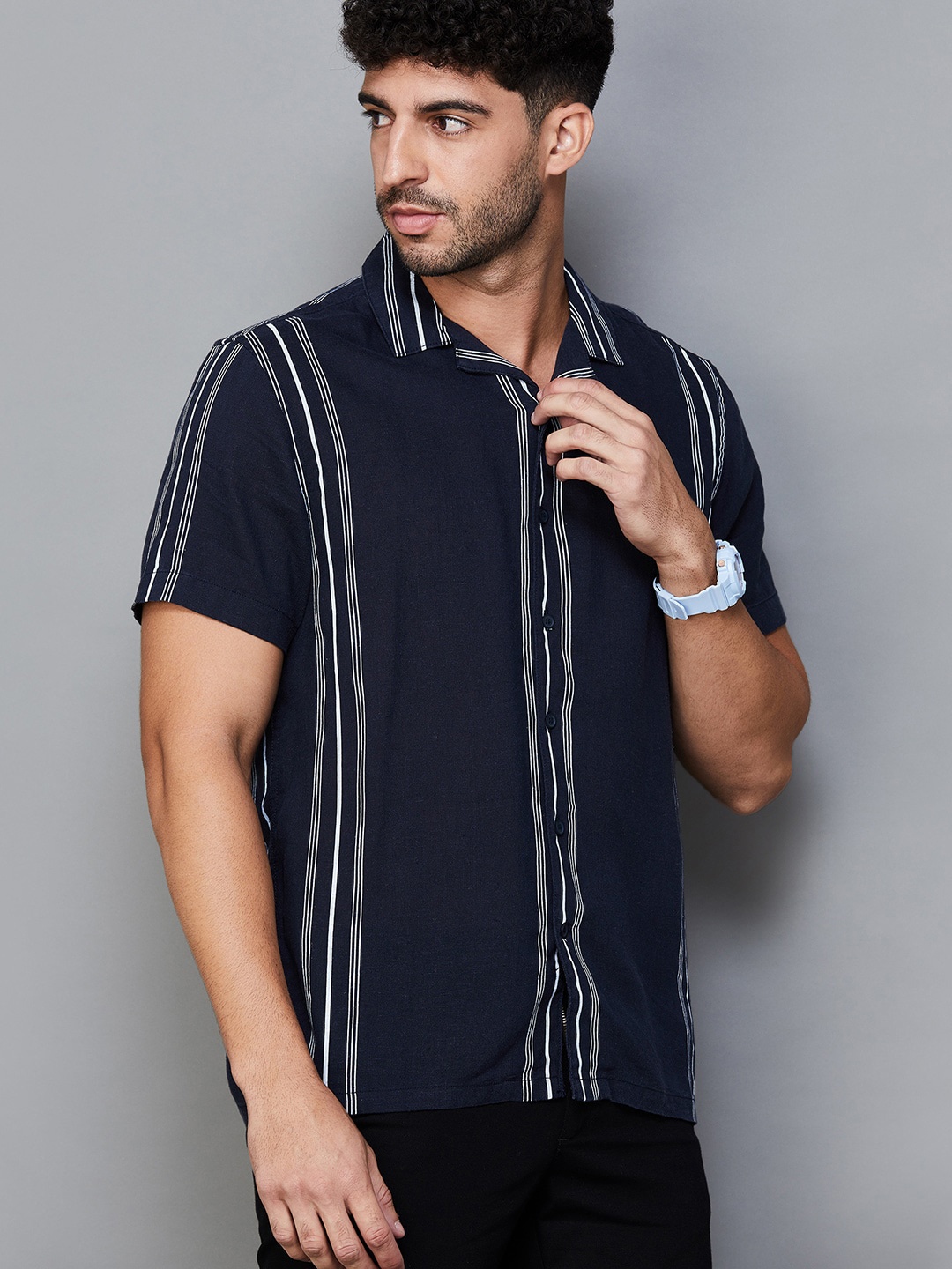 

CODE by Lifestyle Striped Spread Collar Short Sleeves Casual Shirt, Blue