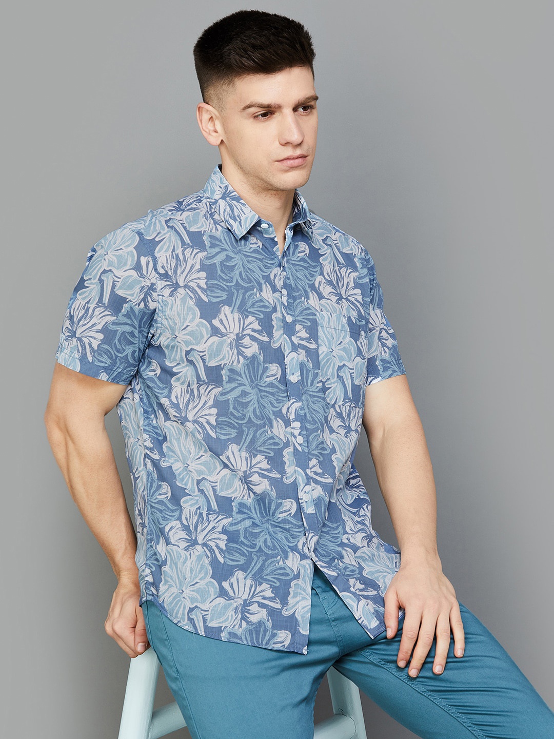 

CODE by Lifestyle Floral Printed Spread Collar Short Sleeves Cotton Casual Shirt, Blue