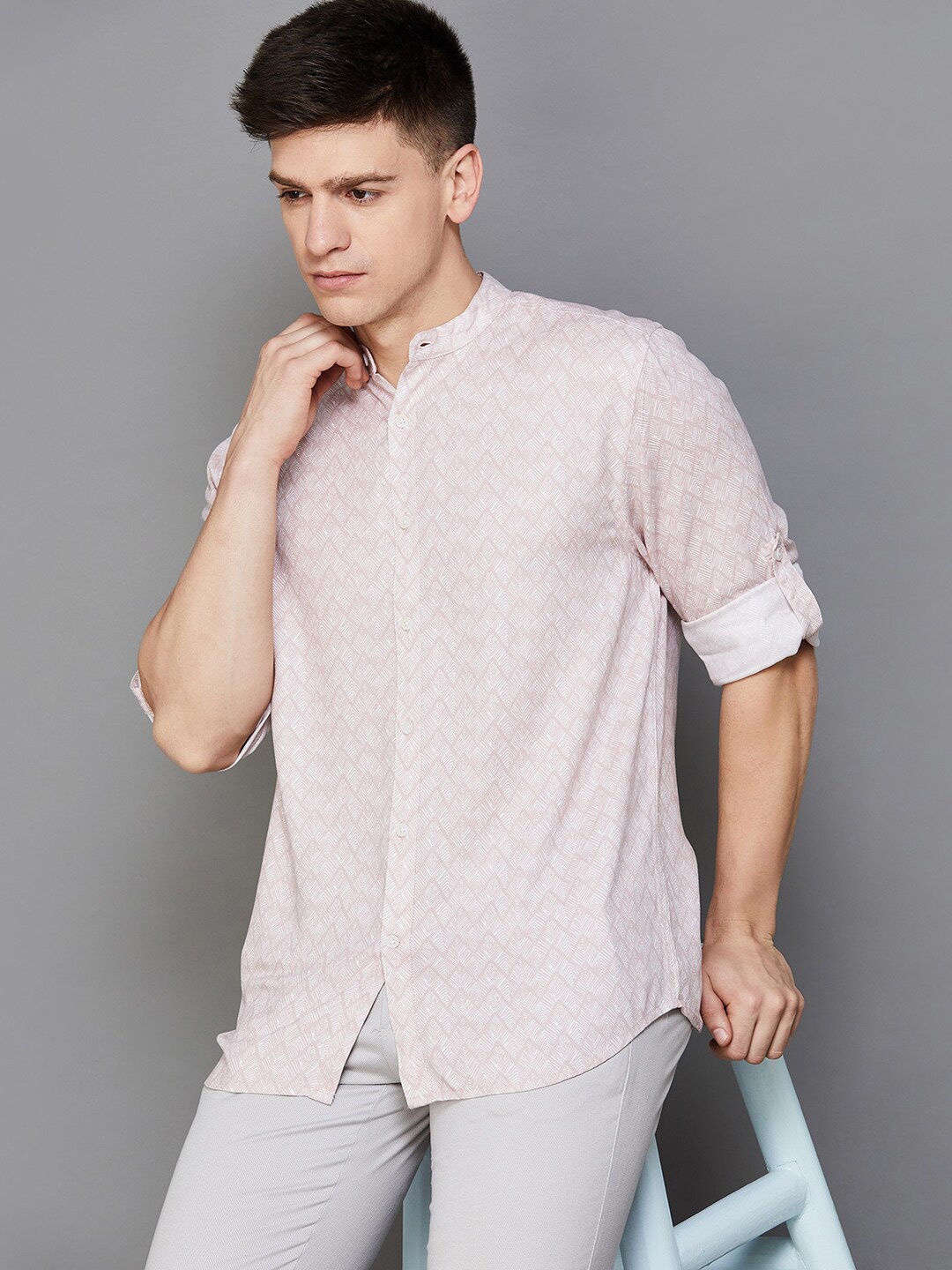 

CODE by Lifestyle Geometric Printed Mandarin Collar Long Roll Up Sleeves Casual Shirt, Pink