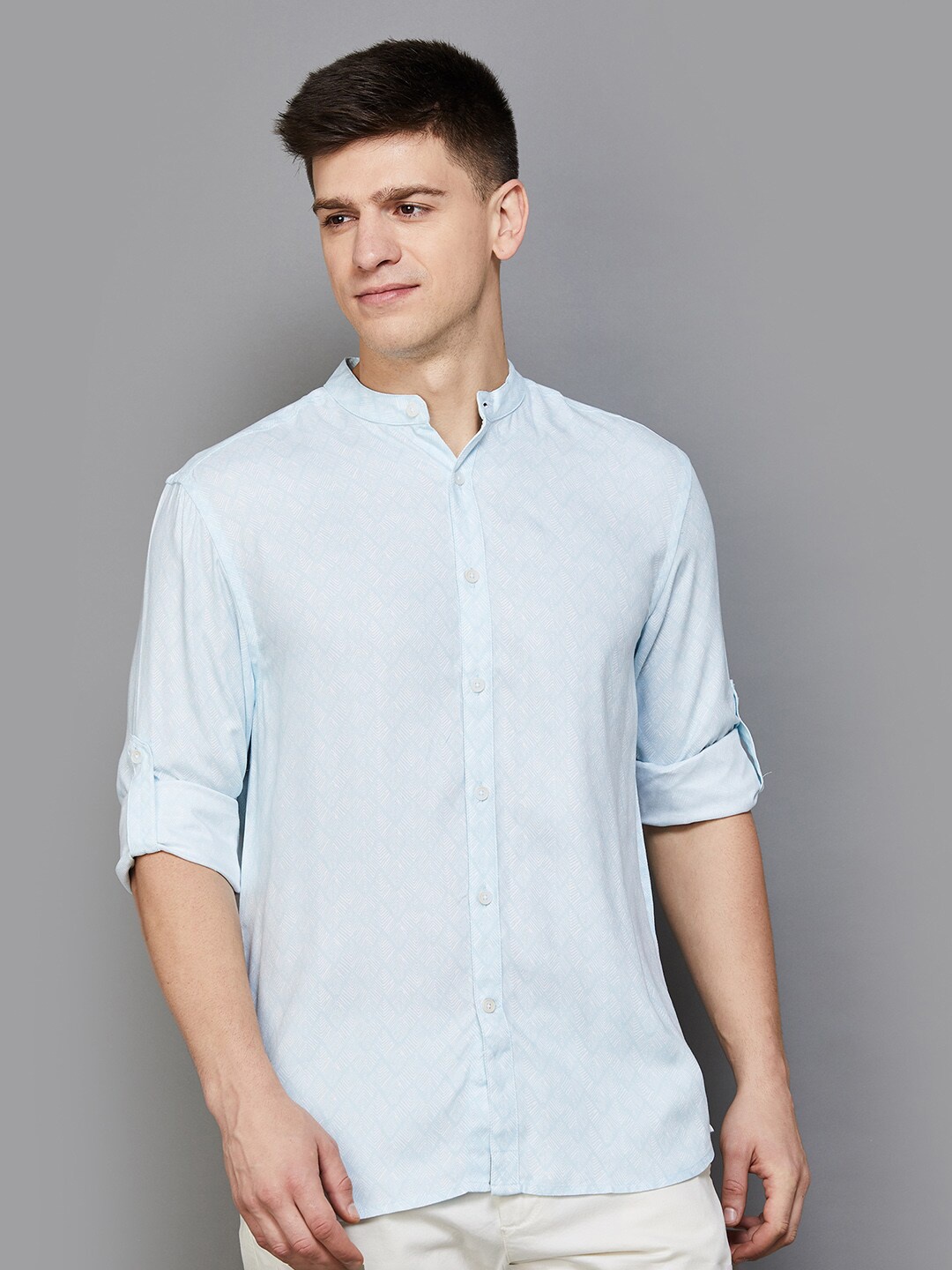 

CODE by Lifestyle Abstract Printed Mandarin Collar Long Roll Up Sleeves Casual Shirt, Blue