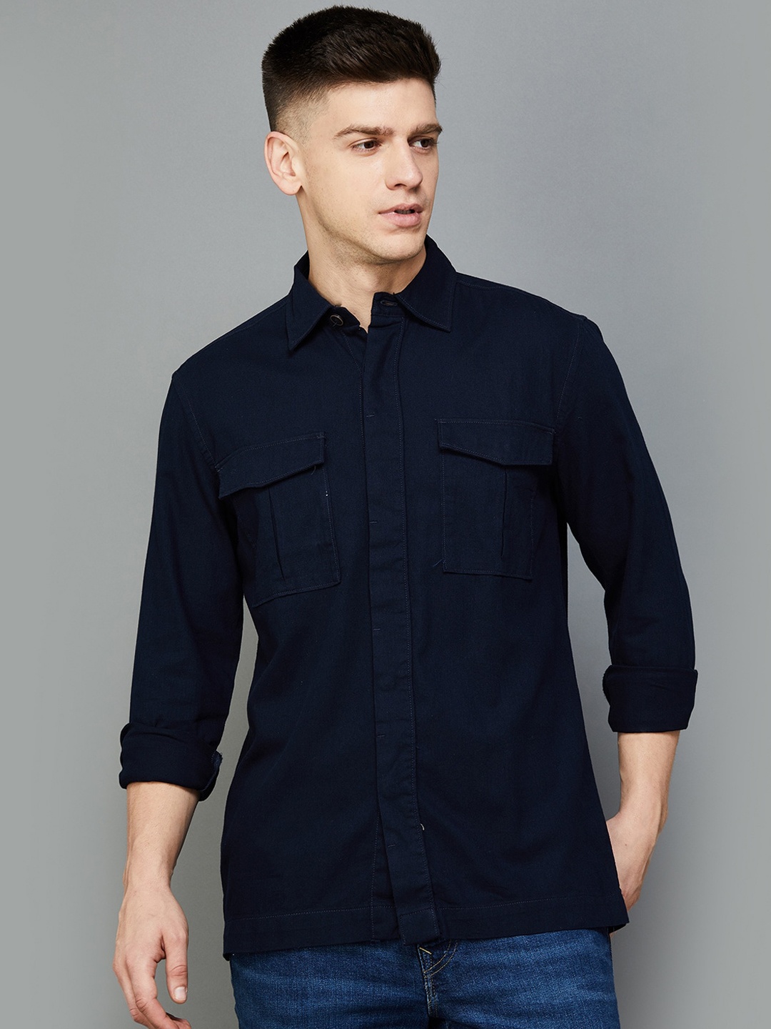 

CODE by Lifestyle Spread Collar Cotton Shacket, Navy blue