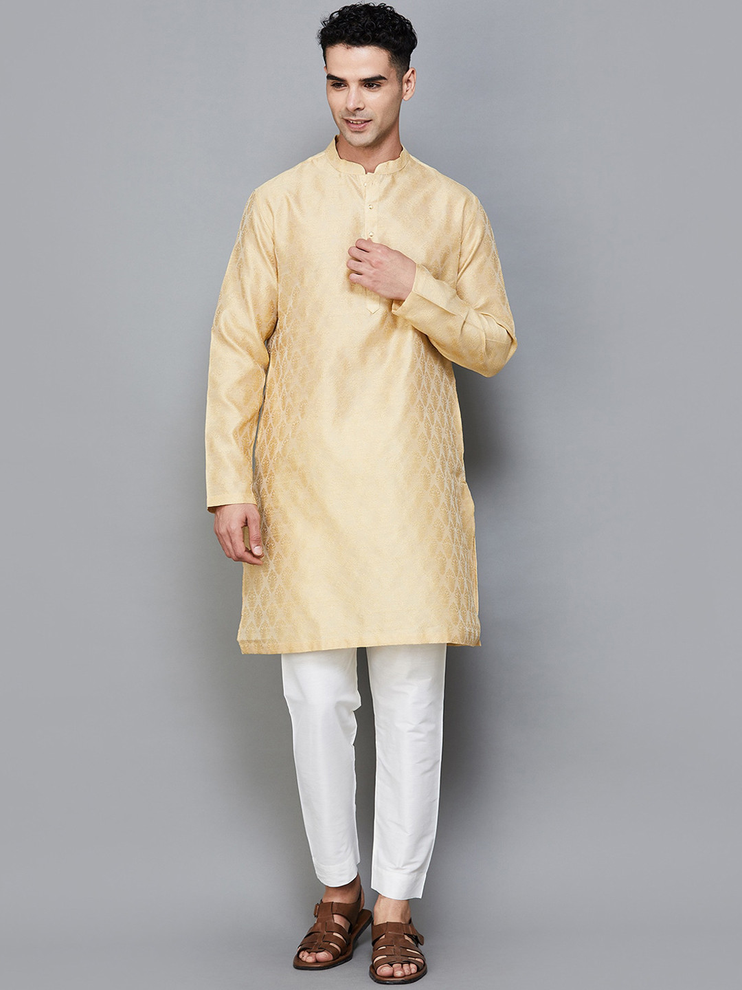 

Melange by Lifestyle Ethnic Motifs Woven Design Mandarin Collar Kurta with Pyjamas, Yellow