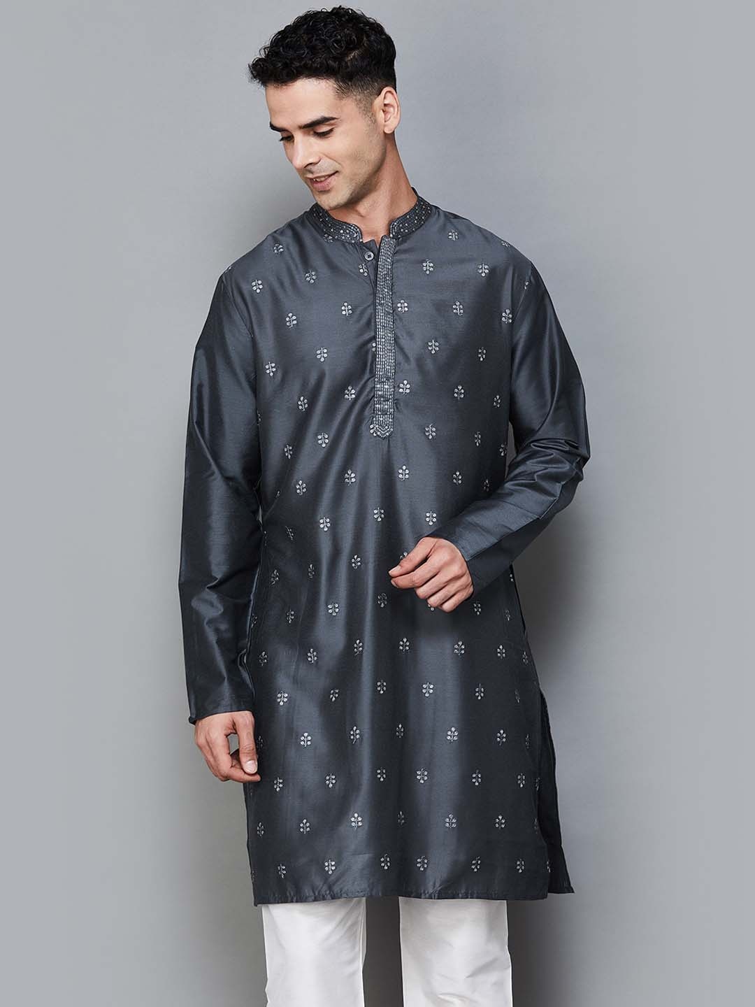 

Melange by Lifestyle Sequin Embroidered Thread Work Straight Kurta, Grey