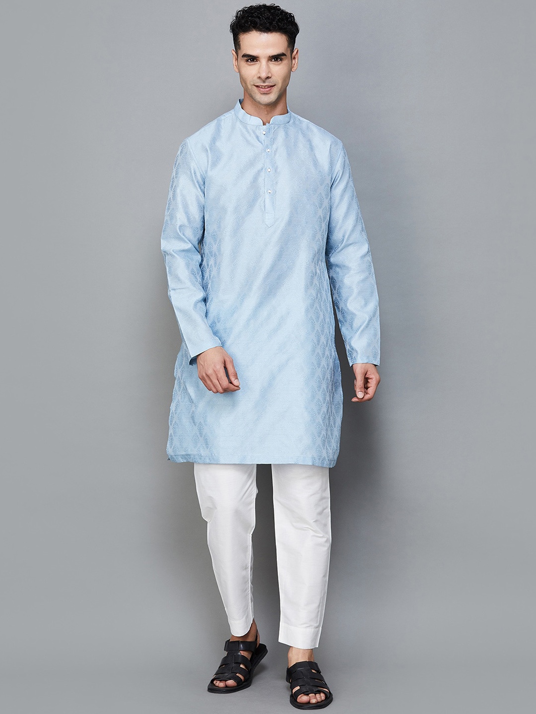 

Melange by Lifestyle Ethnic Motifs Woven Design Mandarin Collar Kurta with Pyjamas, Blue