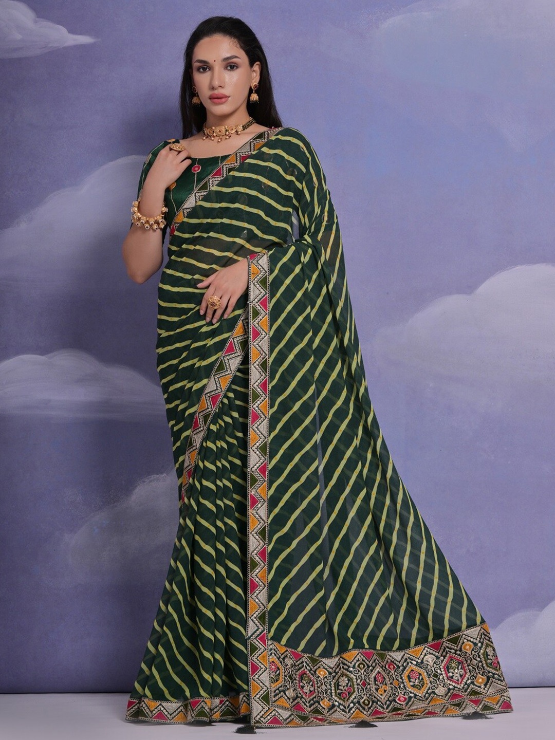 

Kalista Striped Embroidered Pure Georgette Saree, Green