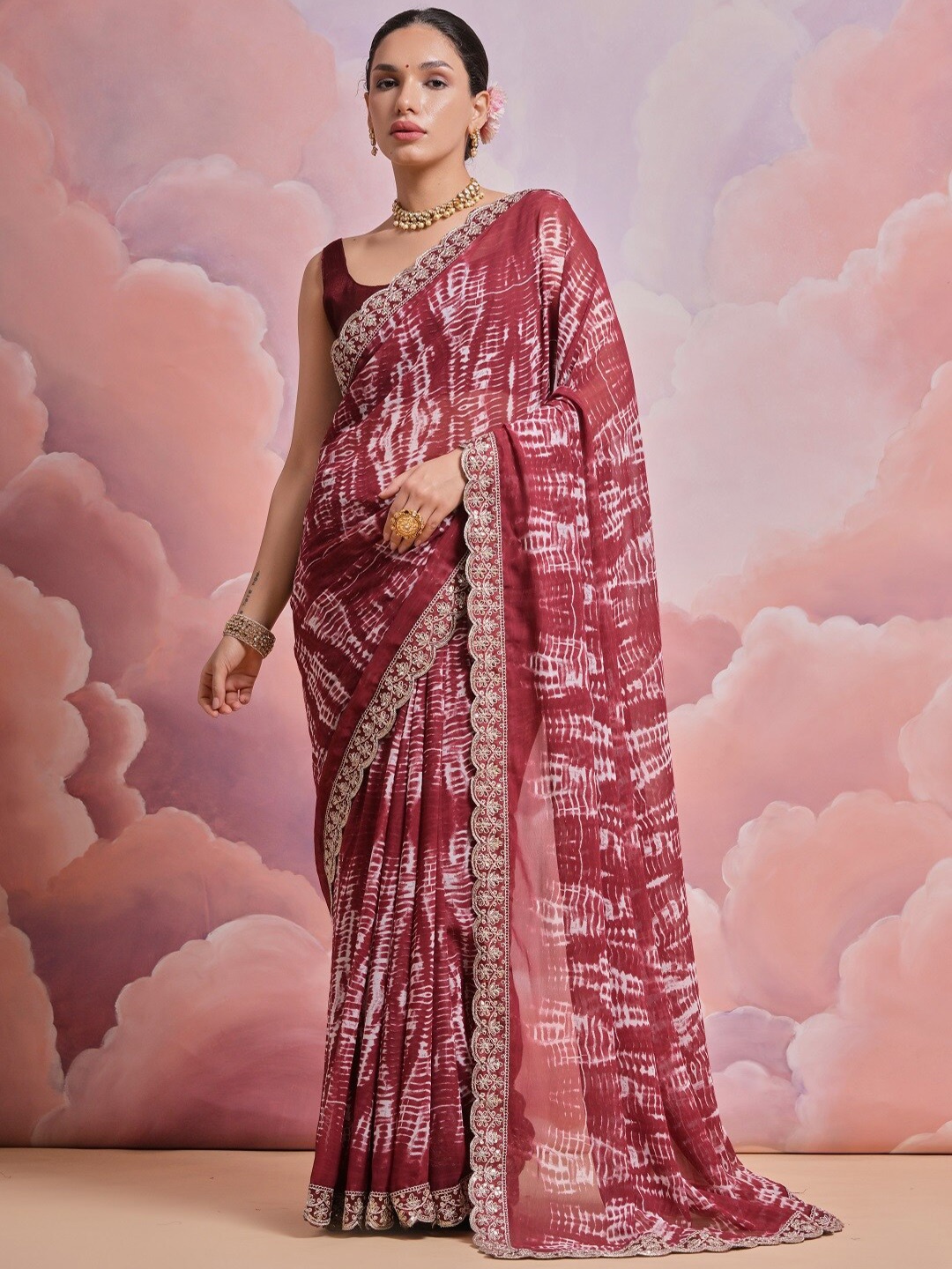

Kalista Tie and Dye Embroidered Pure Georgette Saree, Maroon