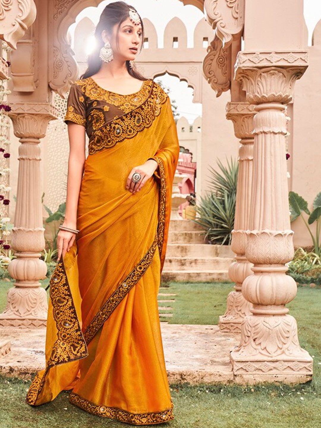 

Kalista Embroidered Pure Chiffon Saree, Mustard