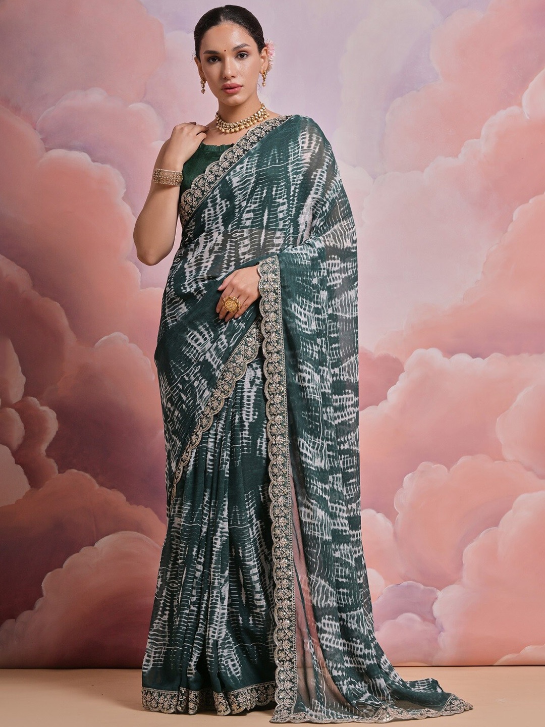 

Kalista Tie and Dye Embroidered Pure Georgette Saree, Green