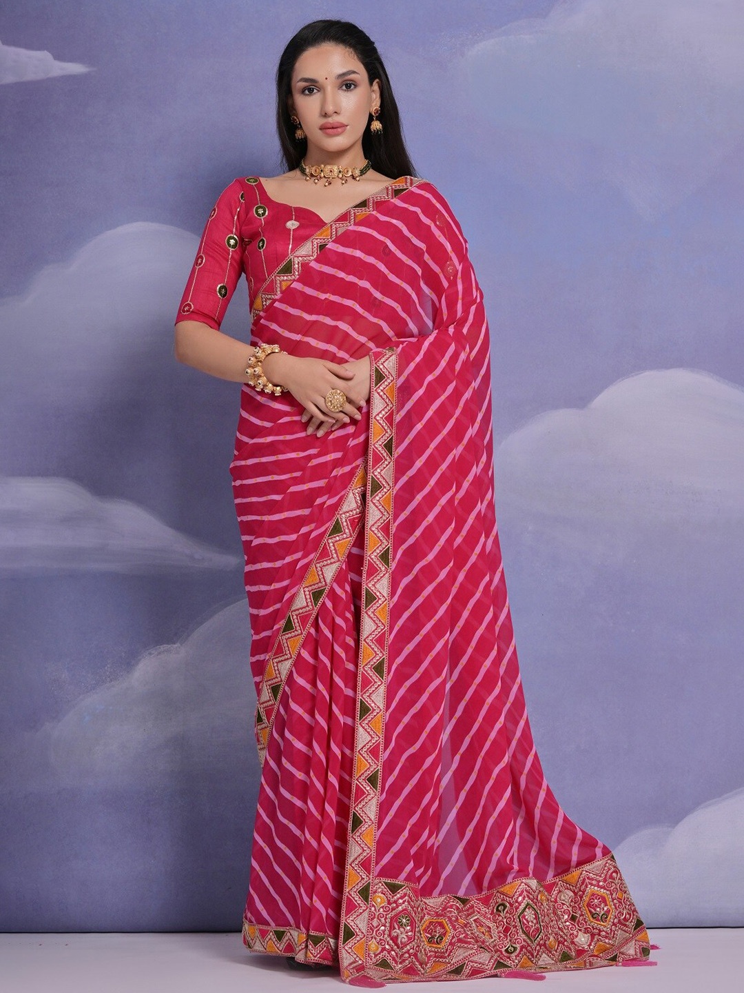 

Kalista Striped Embroidered Pure Georgette Saree, Pink
