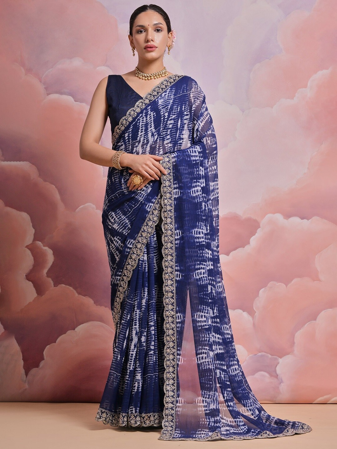 

Kalista Tie and Dye Embroidered Pure Georgette Saree, Blue