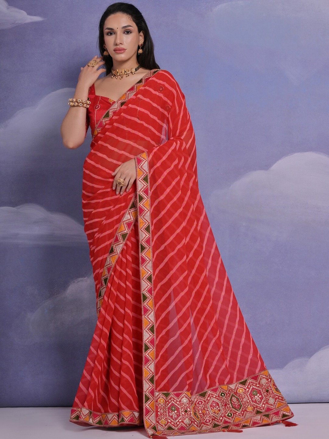 

Kalista Striped Embroidered Pure Georgette Saree, Red