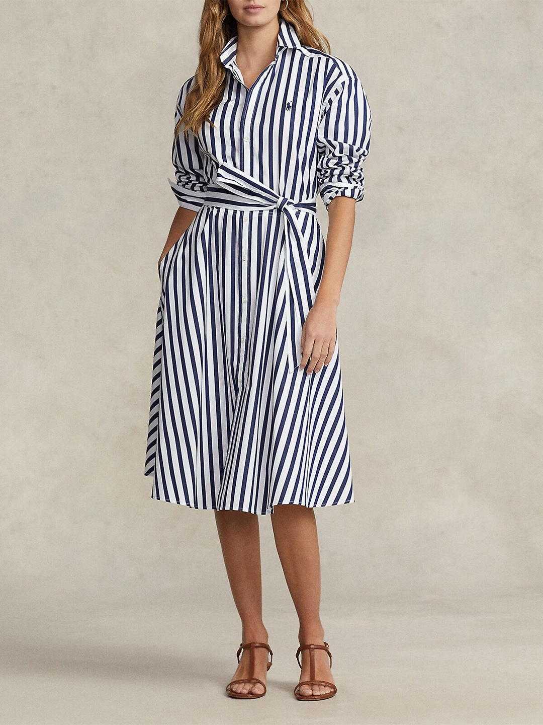

Polo Ralph Lauren Striped Shirt Collar Cuffed Sleeves Pure Cotton A-Line Midi Dress, Navy blue