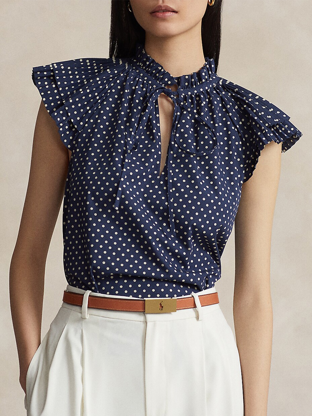Polo Ralph Lauren Polka Dot Printed Tie-Up Neck Top, Navy blue