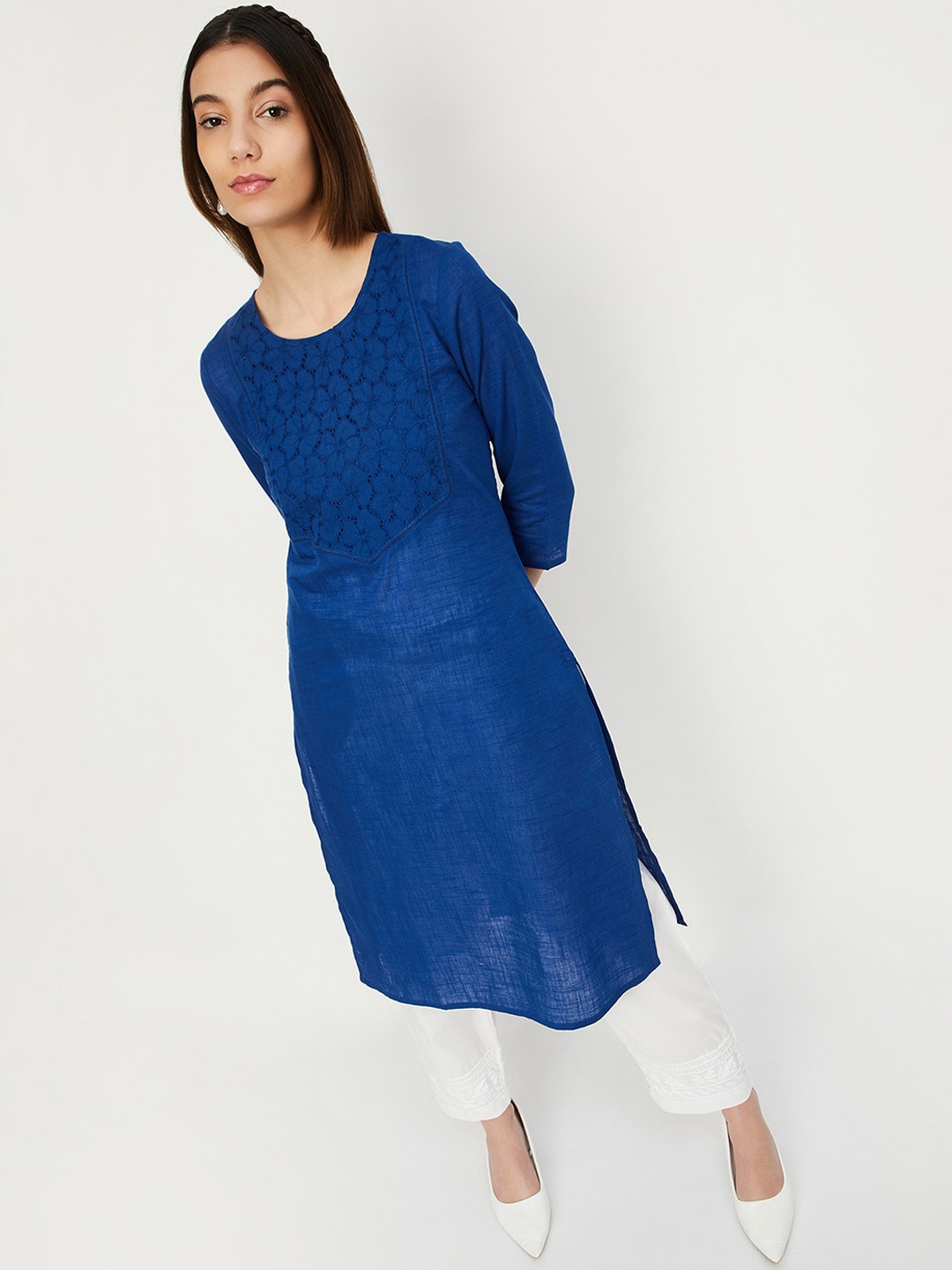 

max Geometric Yoke Design Thread Work Kurta, Blue