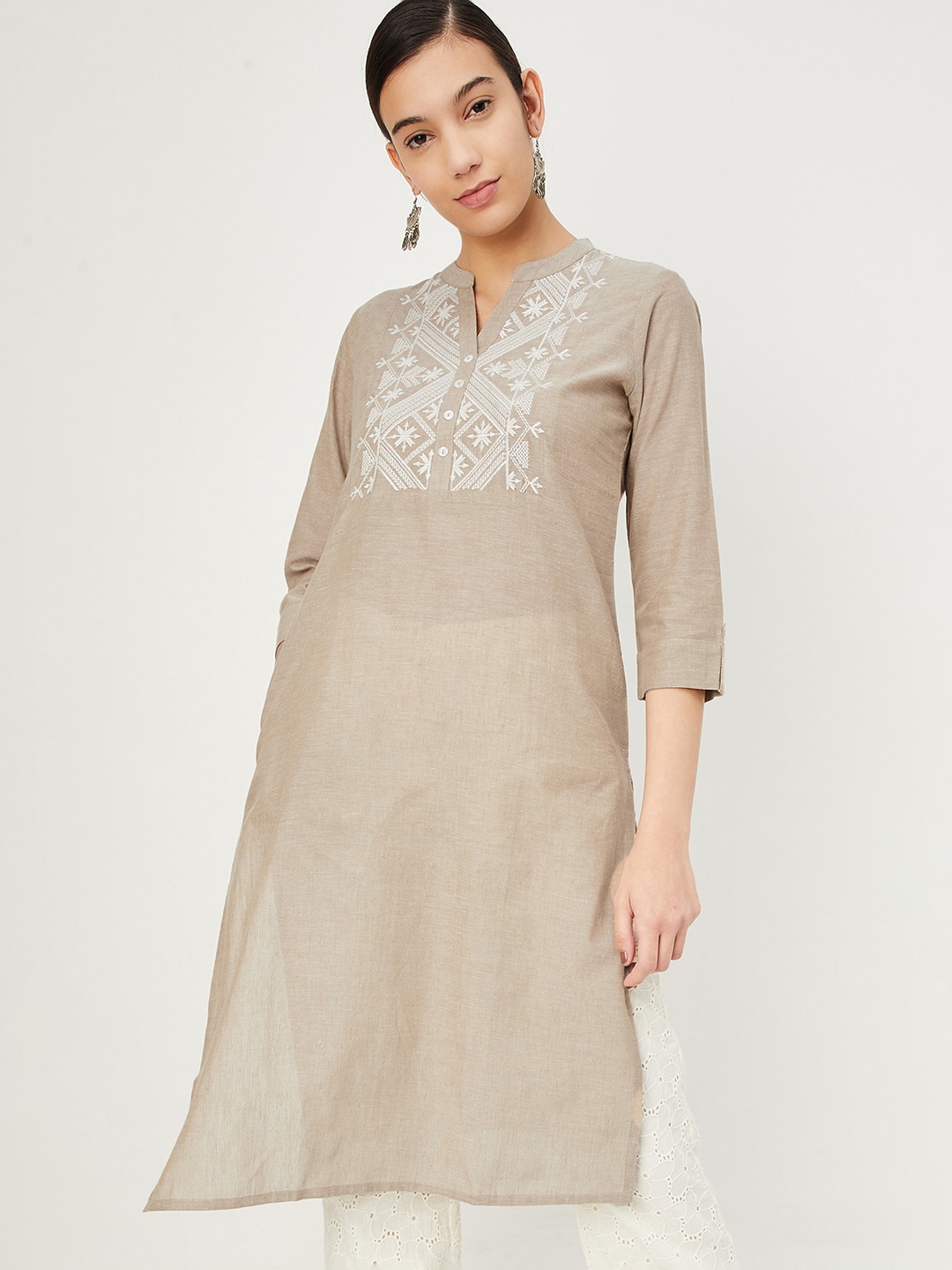 

max Mandarin Collar Three-Quarter Sleeves Thread Work Cotton Kaftan Kurta, Beige