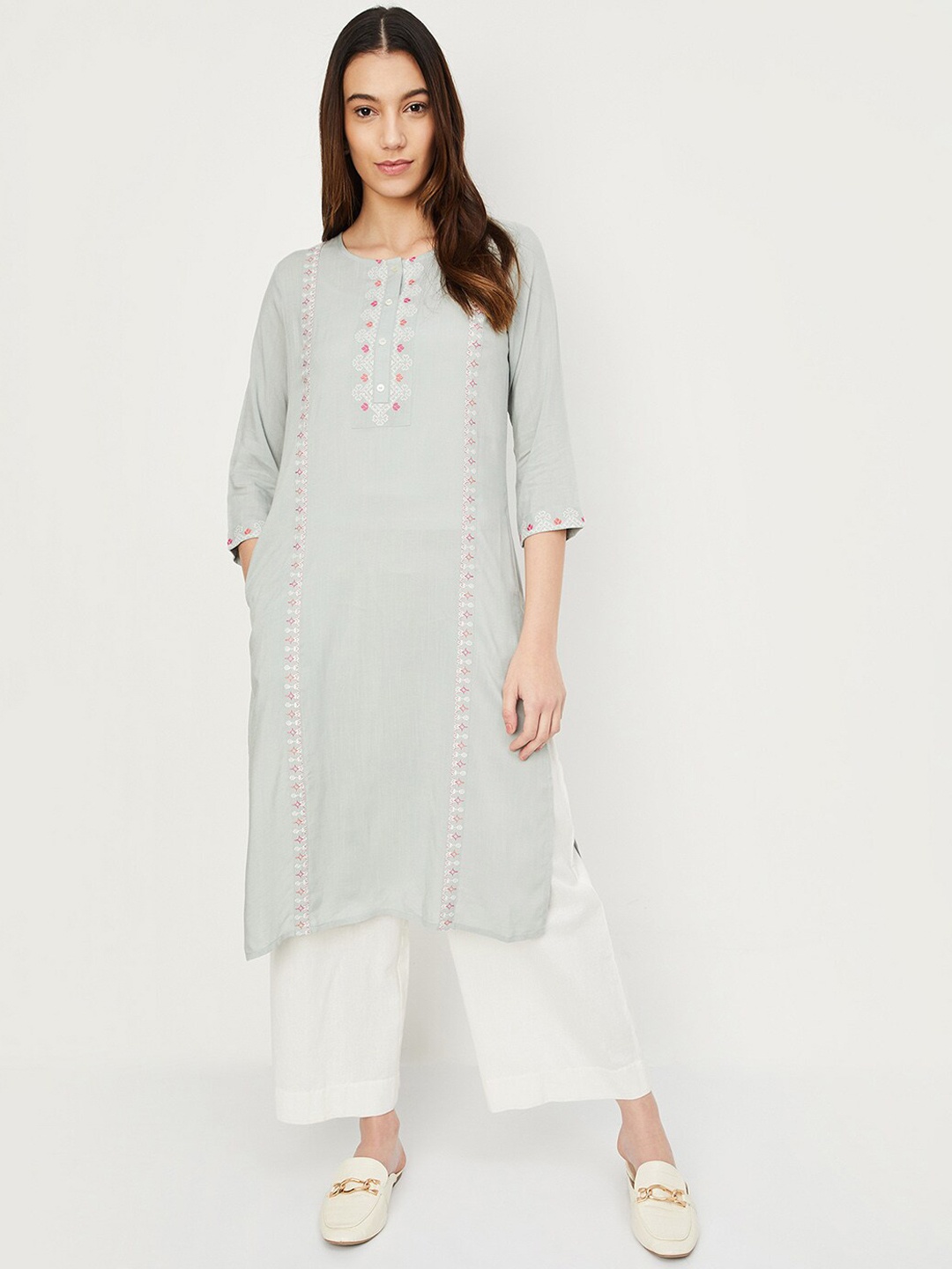 

max Floral Embroidered Round Neck Thread Work A-Line Kurta, Grey