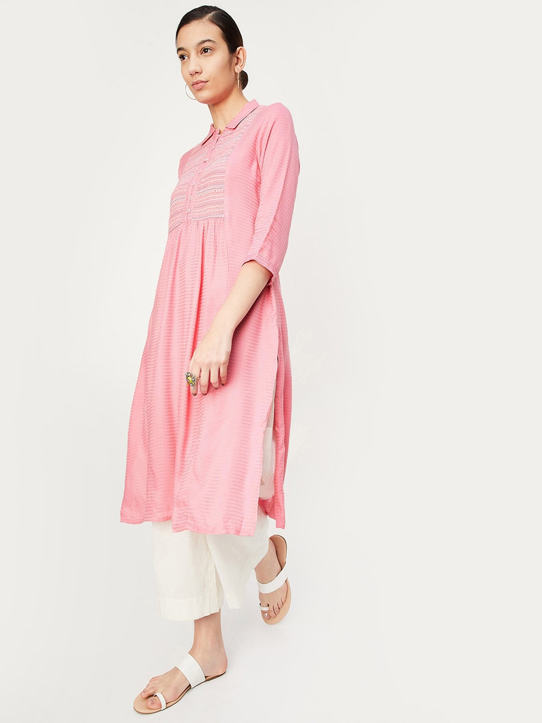 

max Shirt Collar Three-Quarter Sleeves Sequinned Anarkali Kurta, Pink