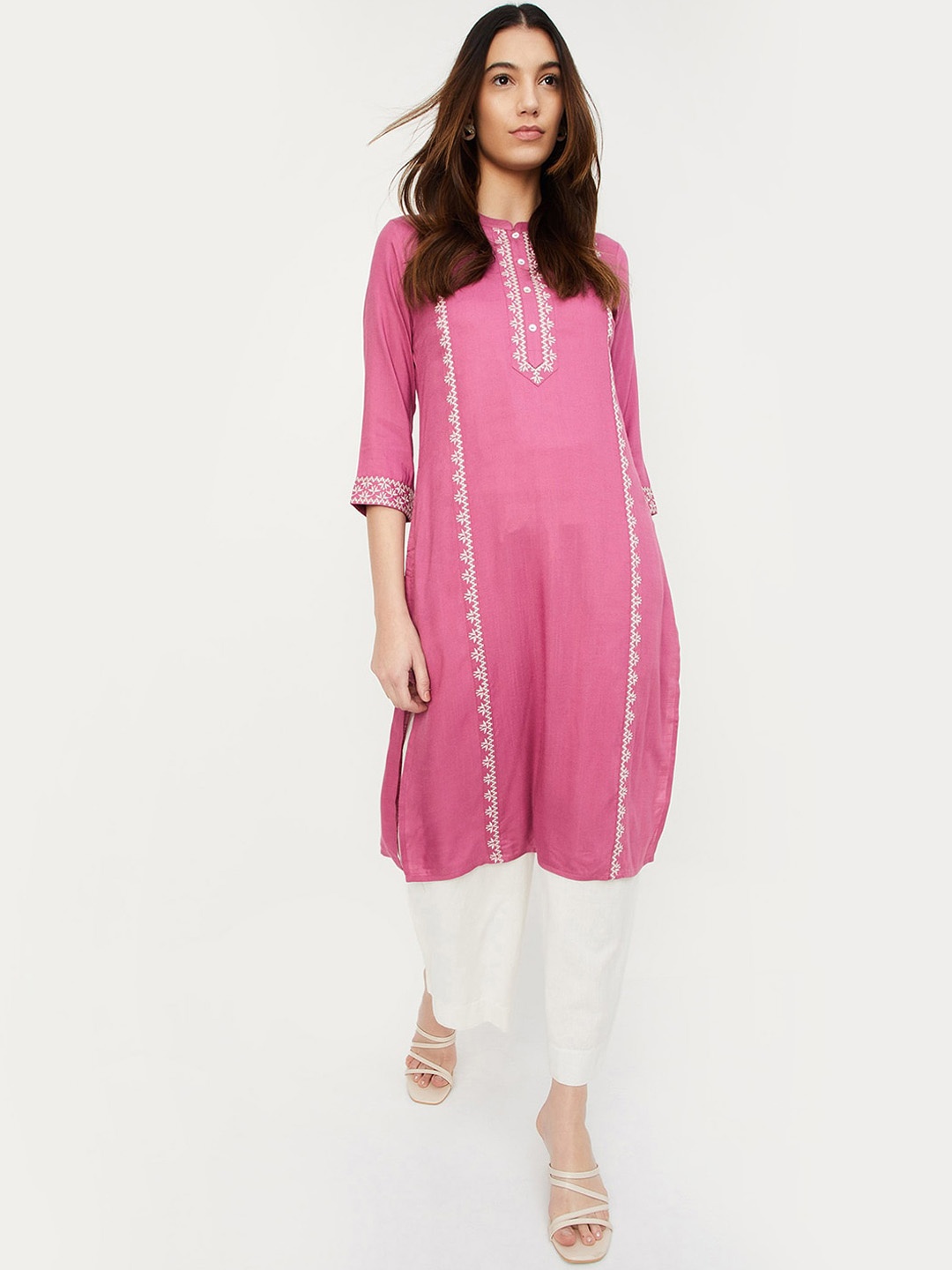 

max Embroidered Mandarin Collar Three-Quarter Sleeves Thread Work Kurta, Purple