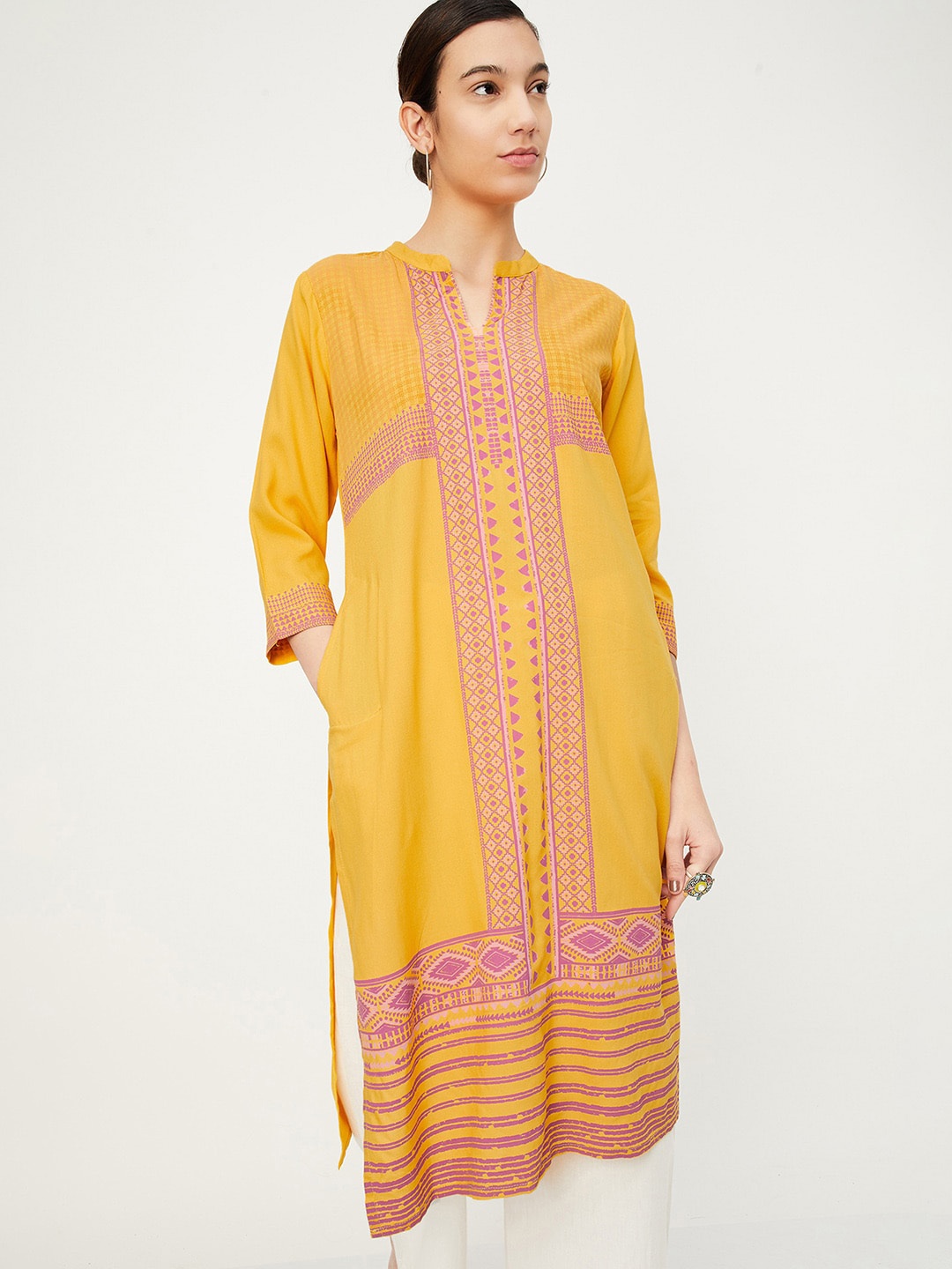 

max Women Geometric Woven Design Mandarin Collar Straight Kurta, Yellow