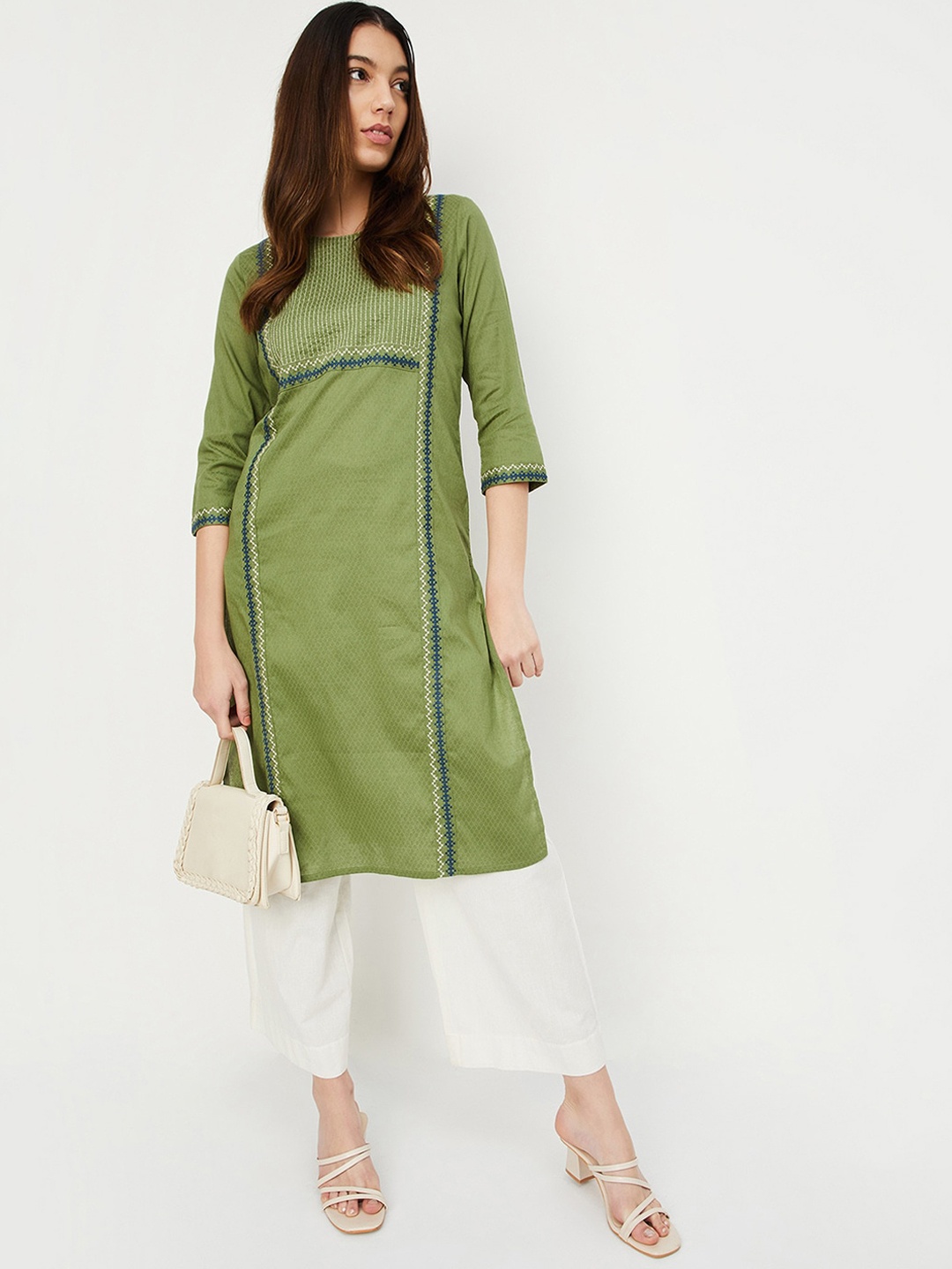 

max Geometric Woven Design Round Neck Thread Work Cotton Straight Kurta, Olive