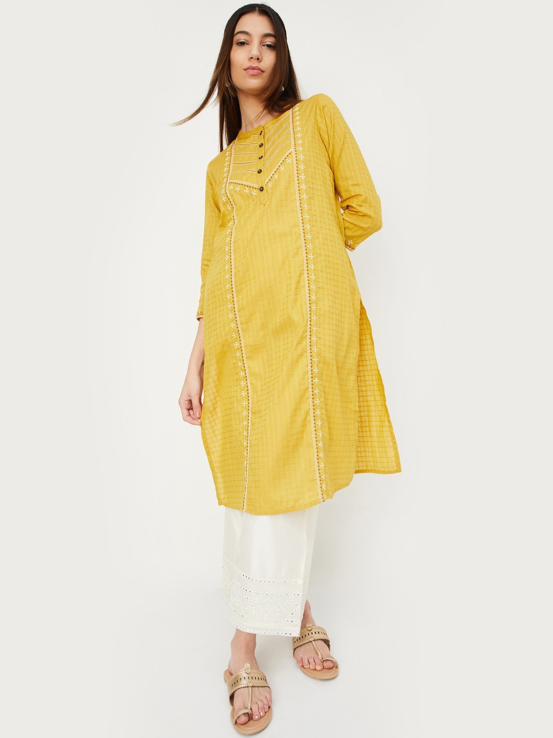 

max Abstract Mandarin Collar Three-Quarter Sleeves Cotton Thread Work Kurta, Yellow