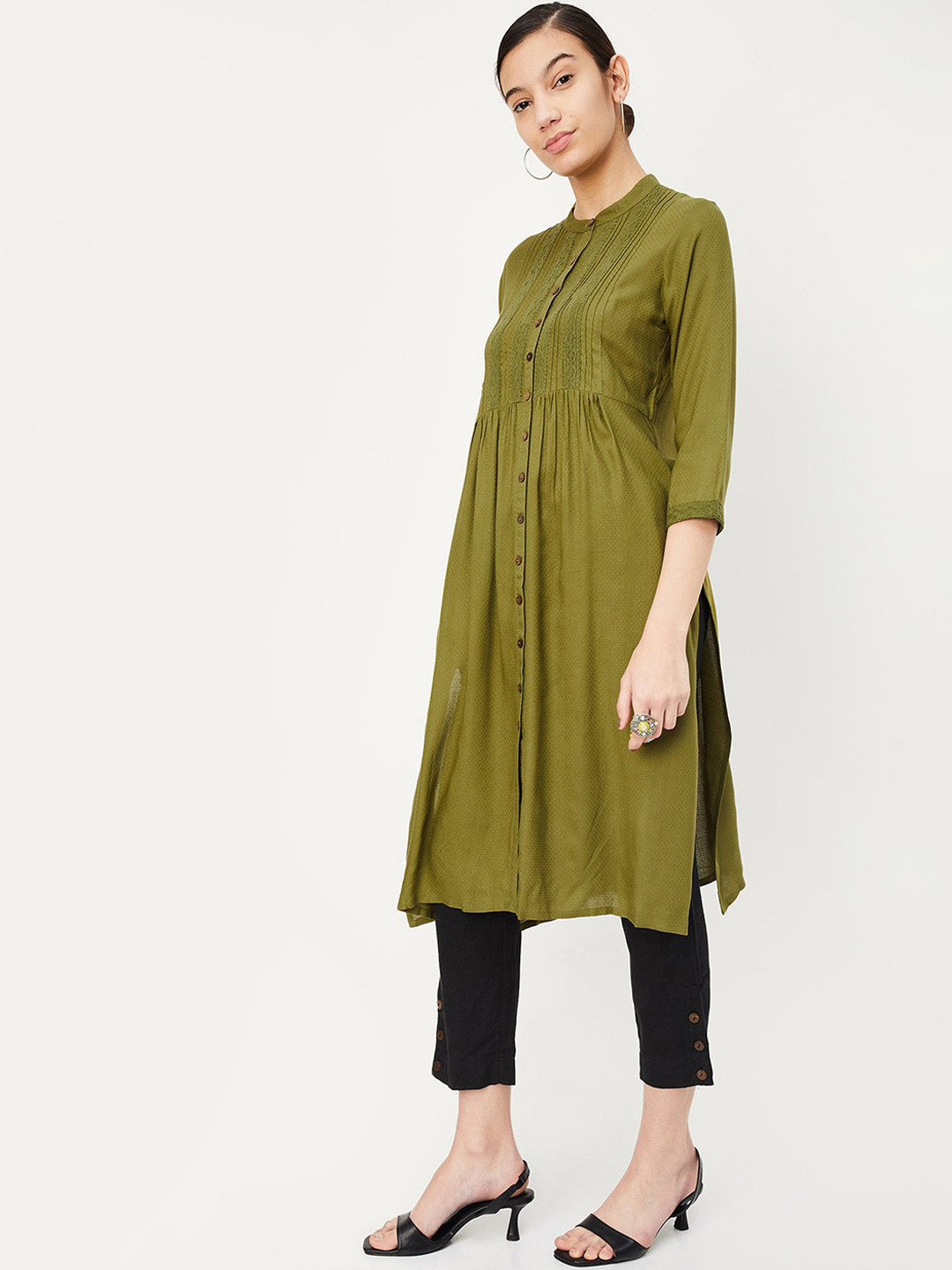 

max Woven Design Band Collar A-Line Kurta, Green