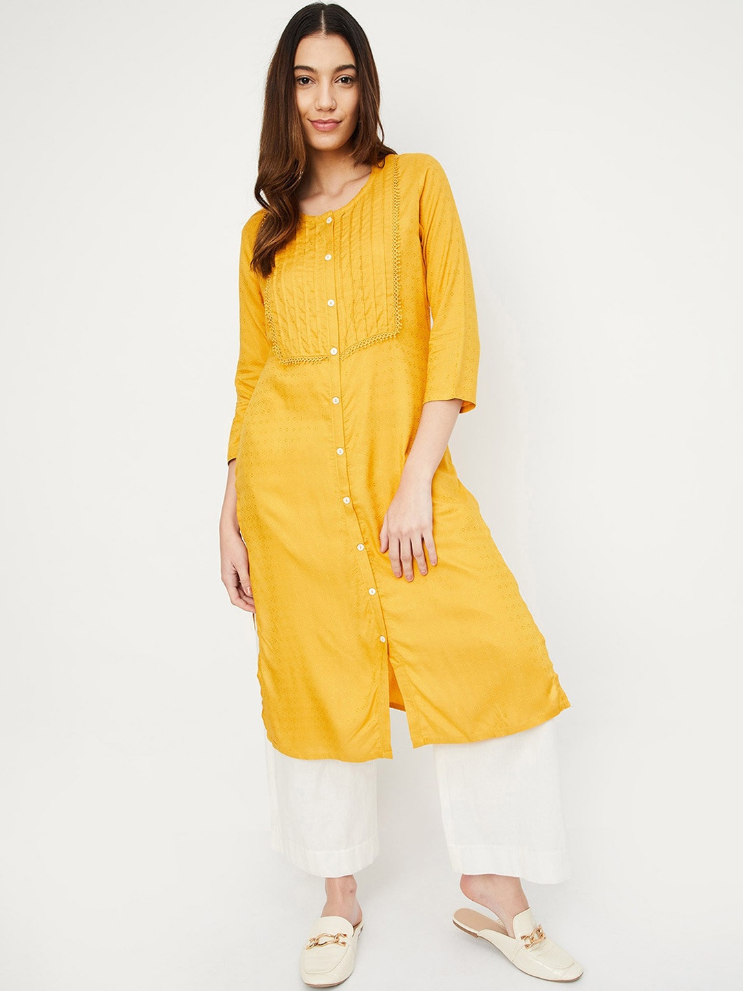 

max Round Neck Three-Quarter Sleeves Thread Work Kurta, Yellow