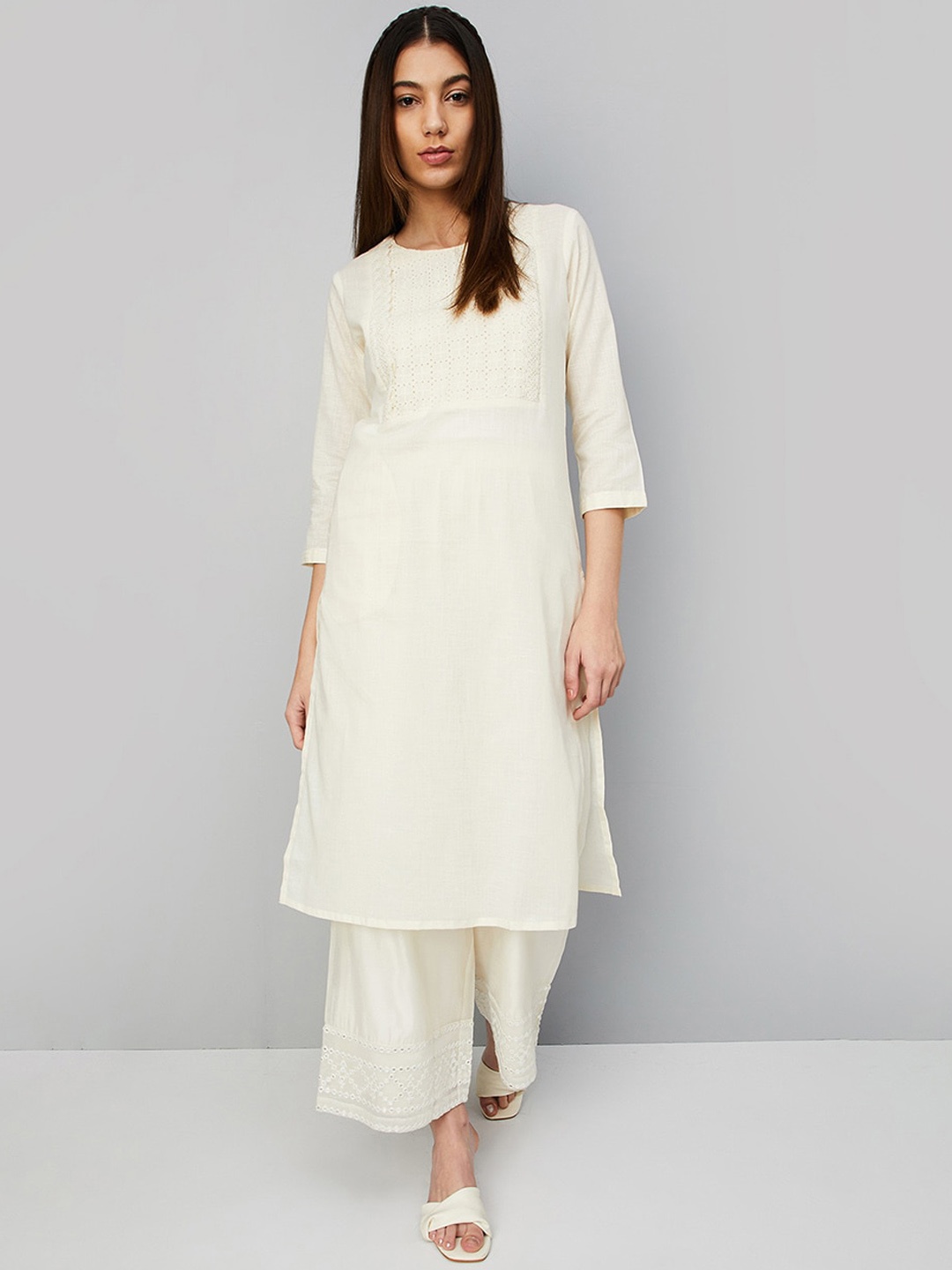 

max Round Neck Cotton A-Line Kurta, Off white