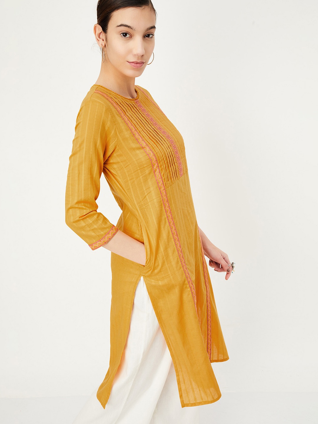 

max Striped Round Neck Three-Quarter Sleeves Cotton Gotta Patti Kurta, Yellow