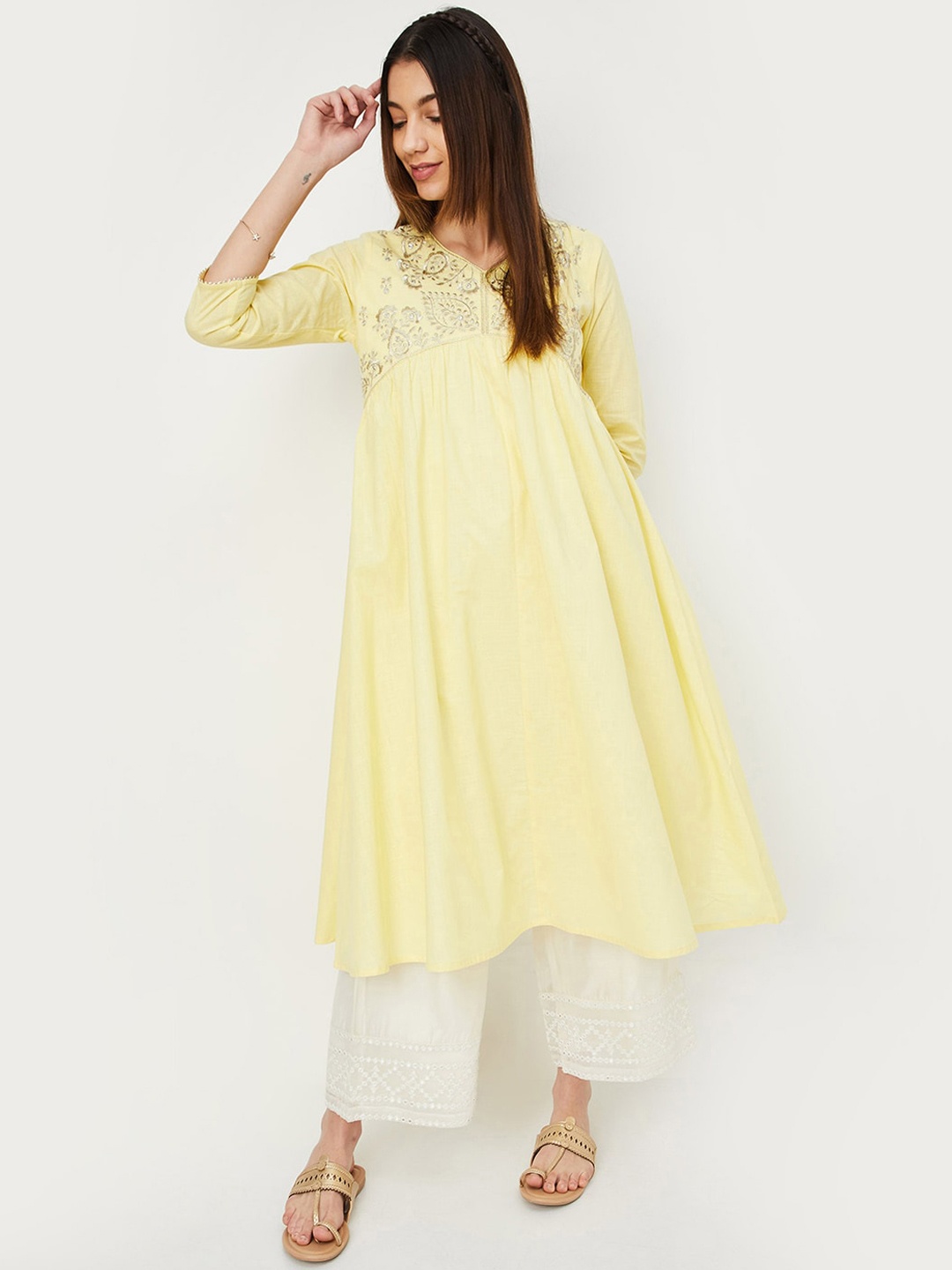 

max Ethnic Motifs Woven Design Anarkali Kurta, Yellow