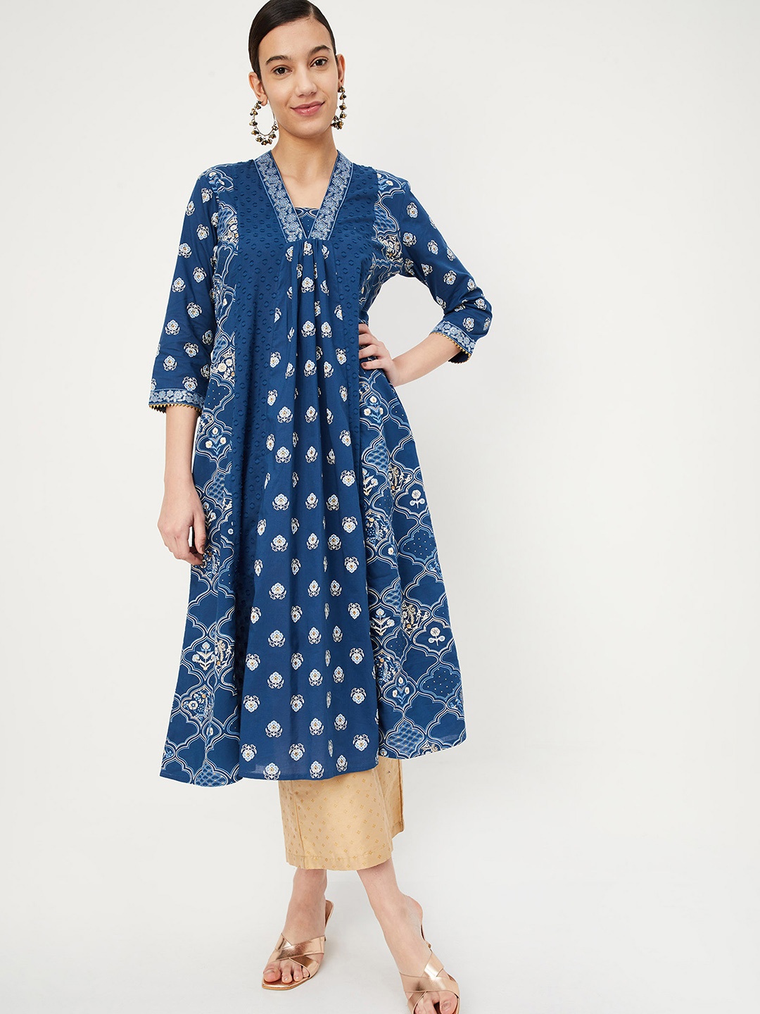 

max V-Neck Cotton Anarkali Kurta, Navy blue