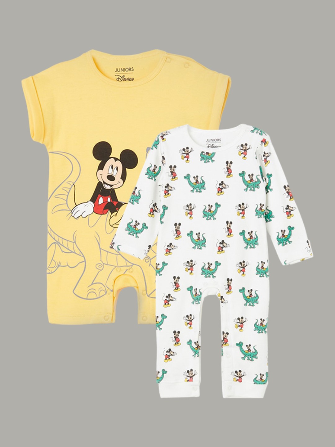 

Juniors by Lifestyle Infant Boys Pack Of 2 Mickey Mouse Printed Pure Cotton Rompers, White
