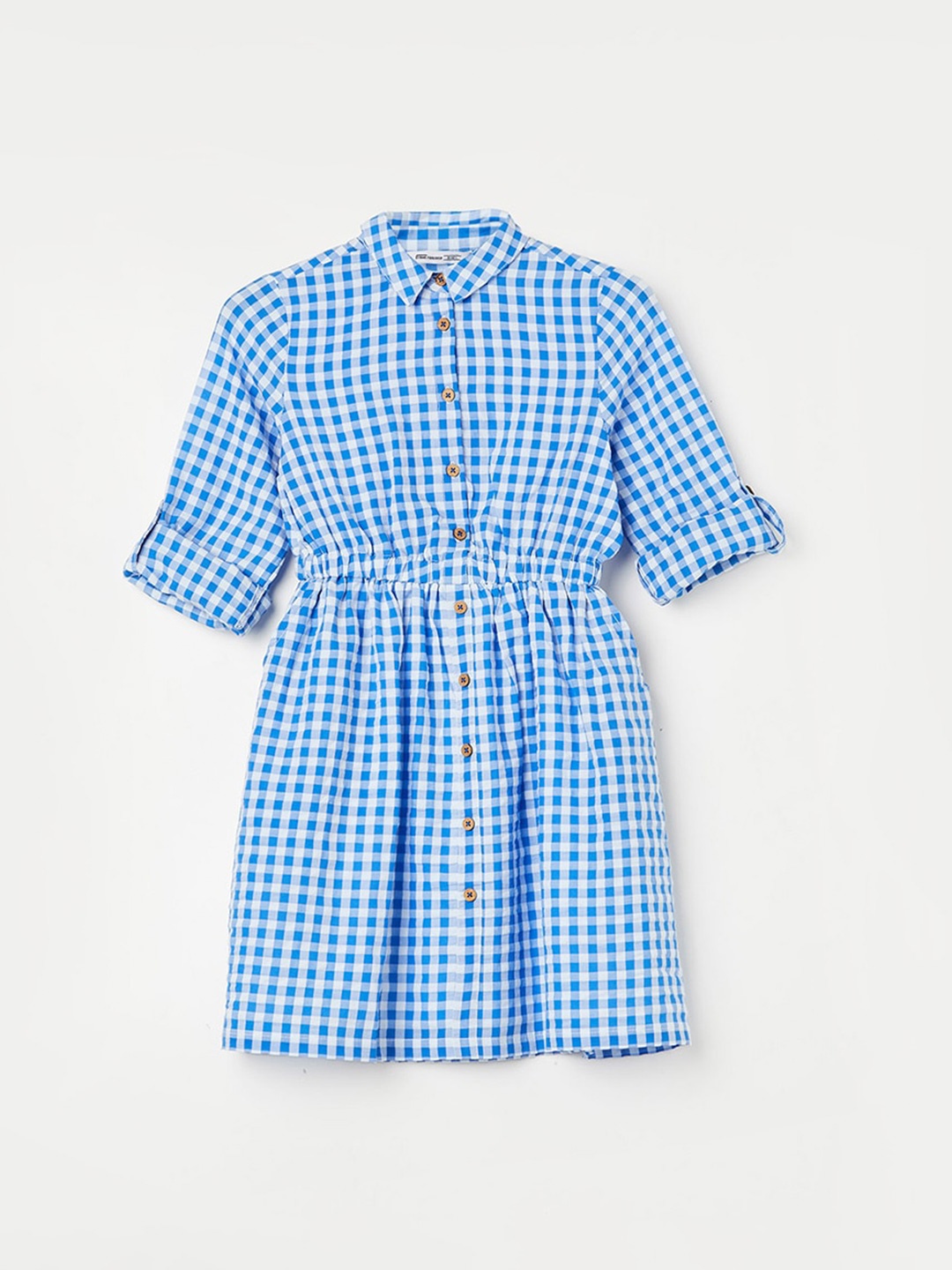 

Fame Forever by Lifestyle Checked Flared Shirt Collar Cotton Shirt Dress, Blue