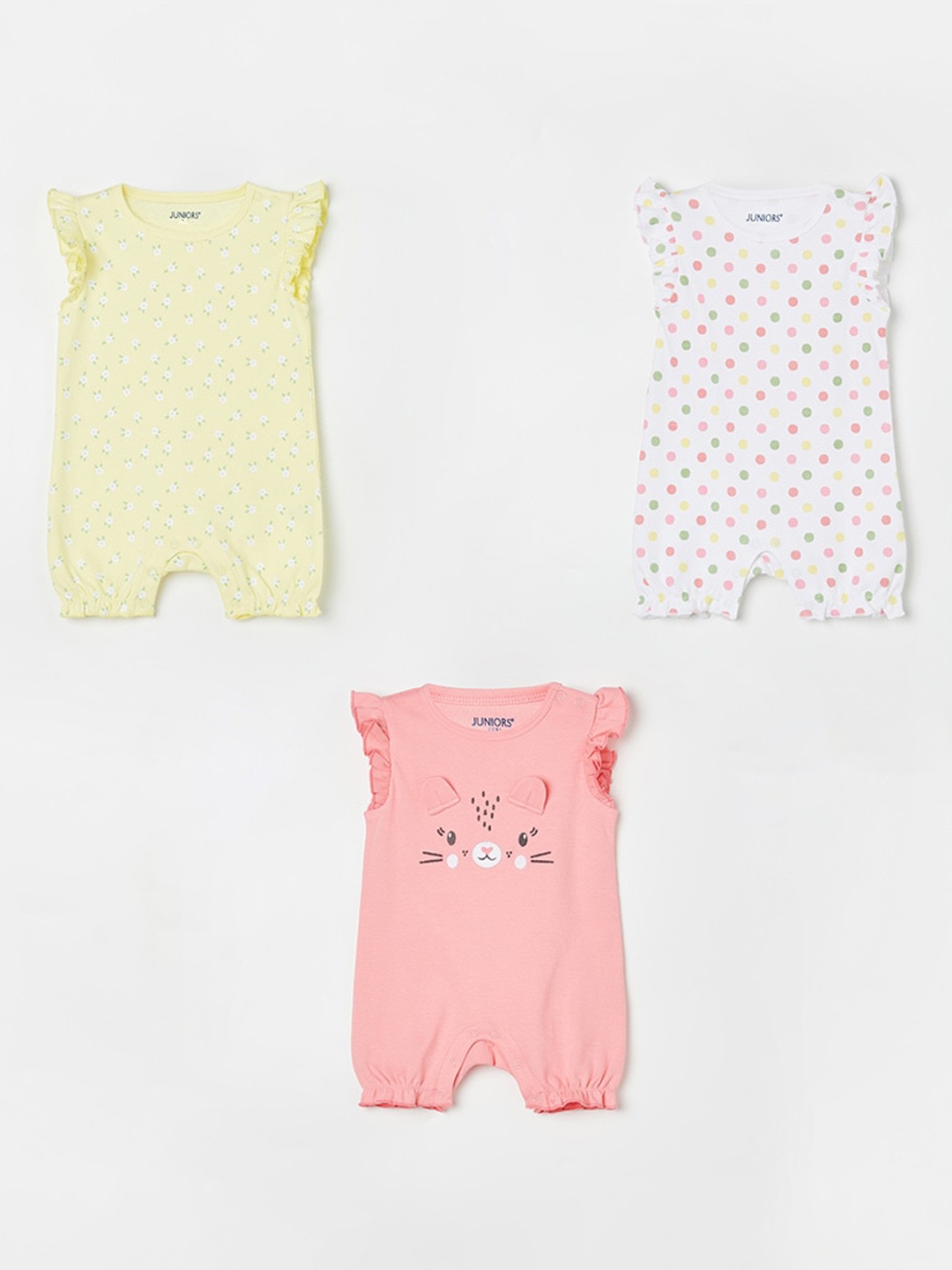 

Juniors by Lifestyle Infants Girls Pack Of 3 Printed Pure Cotton Rompers, Yellow