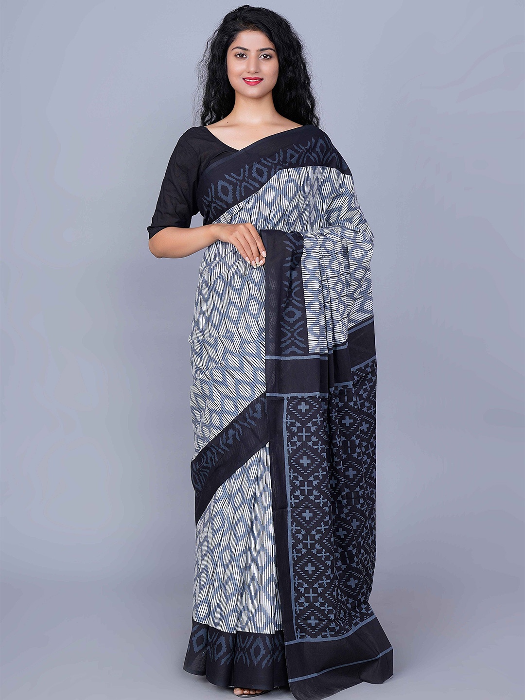 

GK FASHION Ethnic Motifs Printed Pure Cotton Saree, Grey