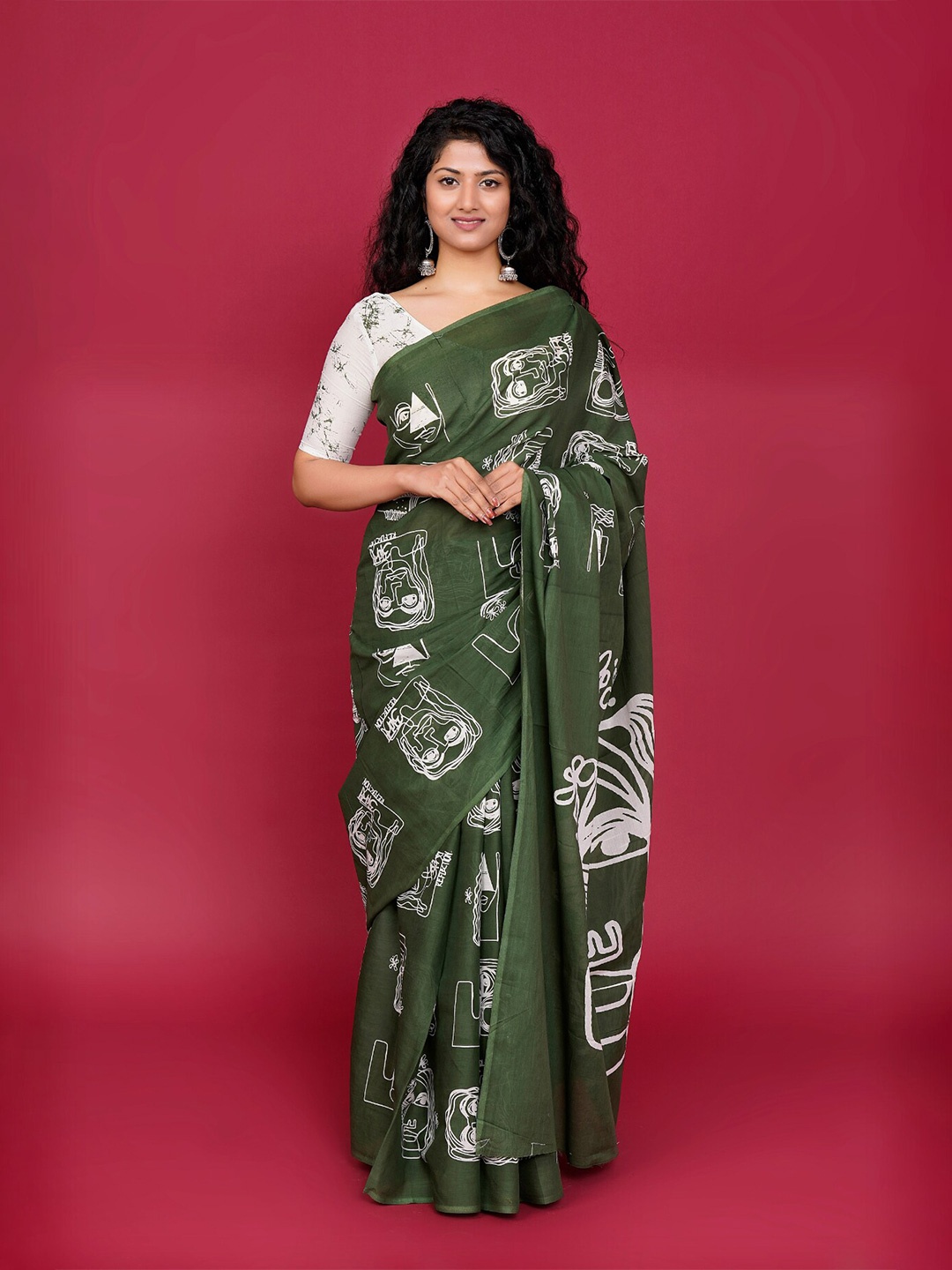 

GK FASHION Ethnic Motifs Printed Pure Cotton Saree, Green