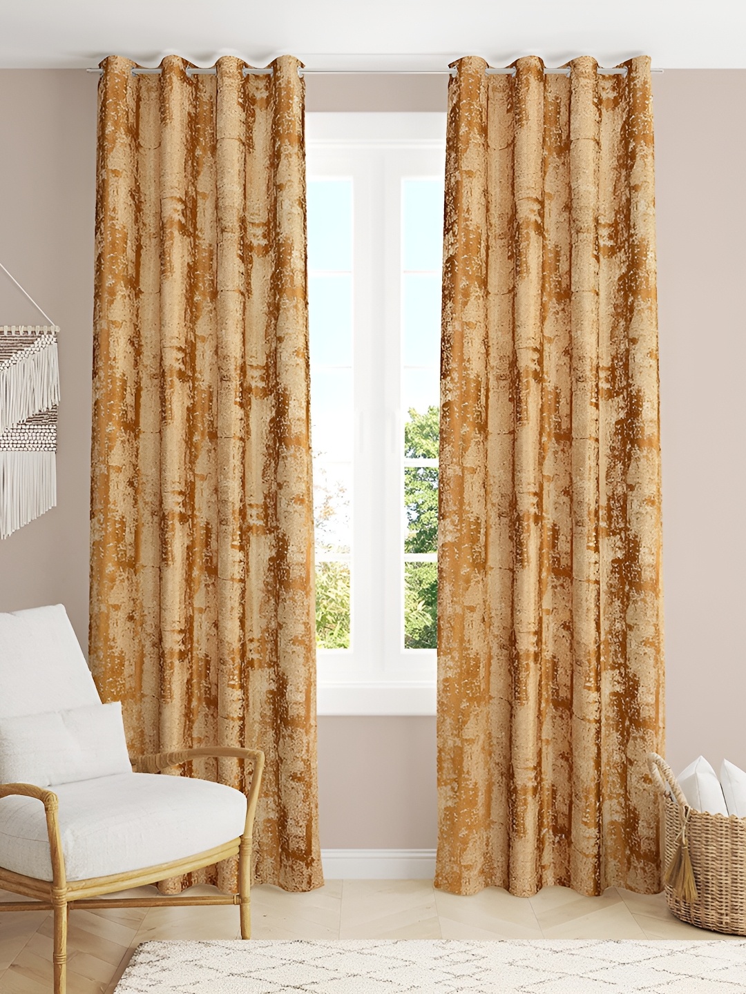 

LAFIONA Gold Toned 2 Pieces Abstract Printed Black Out Long Door Curtains