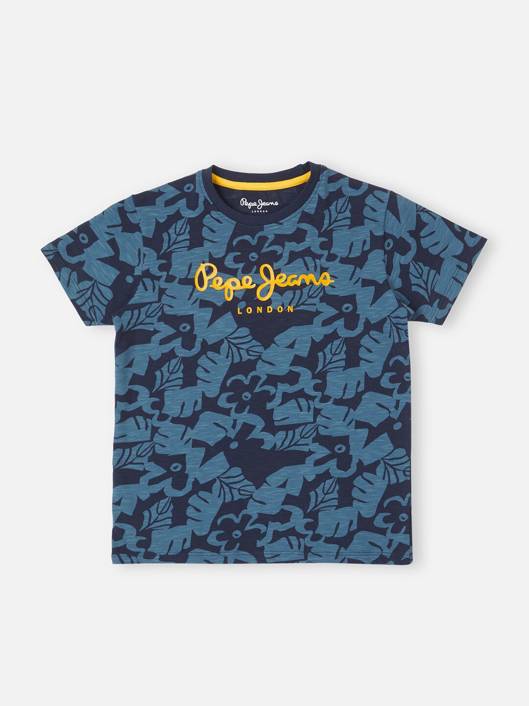 

Pepe Jeans Boys Floral Printed Round Neck Short Sleeves Pure Cotton Casual T-shirt, Blue