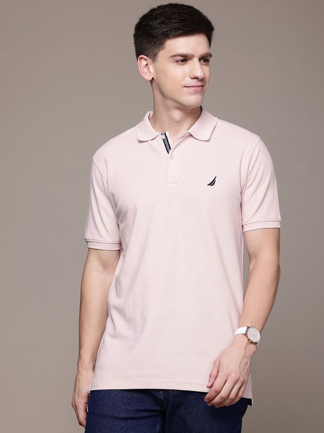 

Nautica Men Polo Collar Pure Cotton Slim Fit T-shirt, Pink