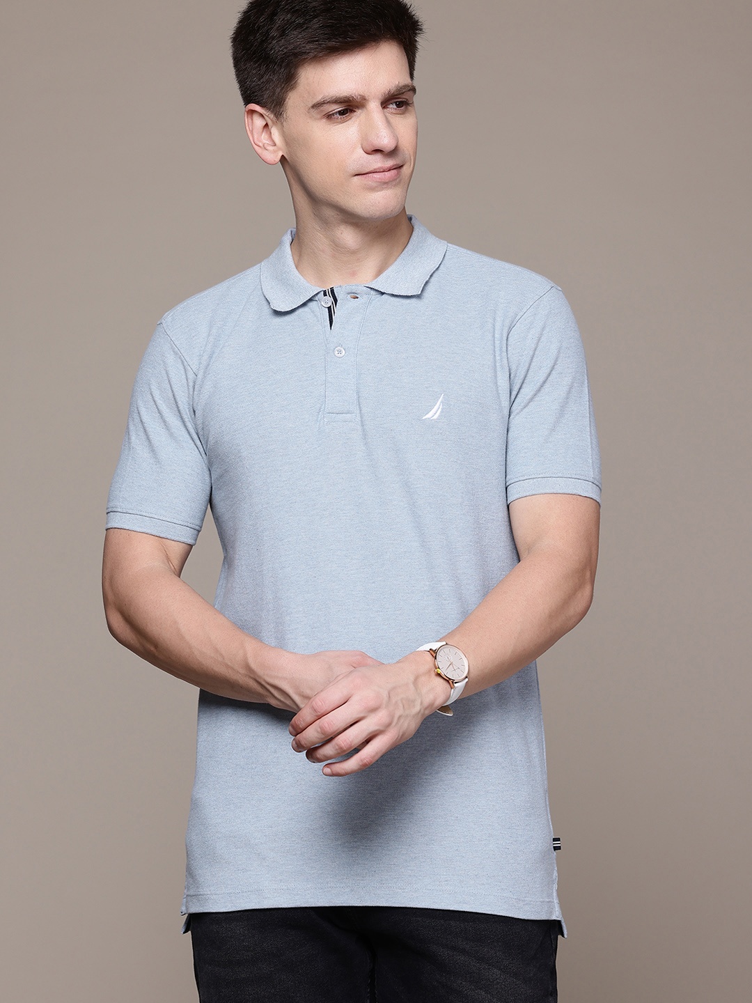 

Nautica Men Polo Collar Pure Cotton Slim Fit T-shirt, Blue