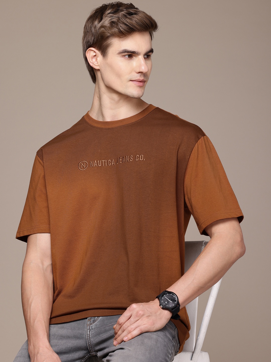 

Nautica High IQ Lasting Colour Ombre Pure Cotton T-shirt, Brown