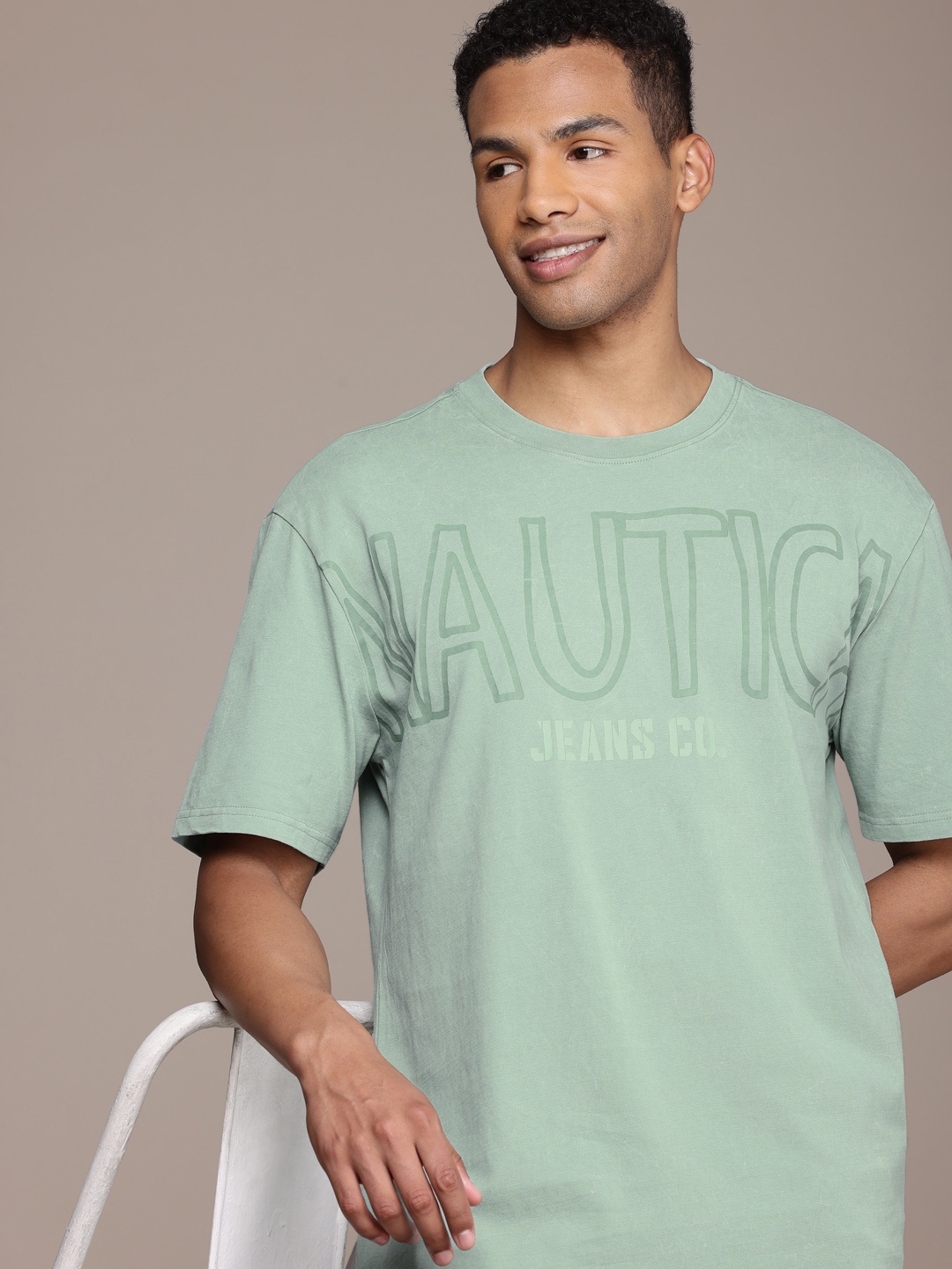 

Nautica Brand Logo Printed Drop-Shoulder Sleeves Pure Cotton T-shirt, Green