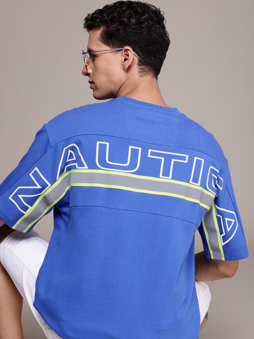 

Nautica Men Brand Logo Printed Drop-Shoulder Sleeves Pure Cotton T-shirt, Blue