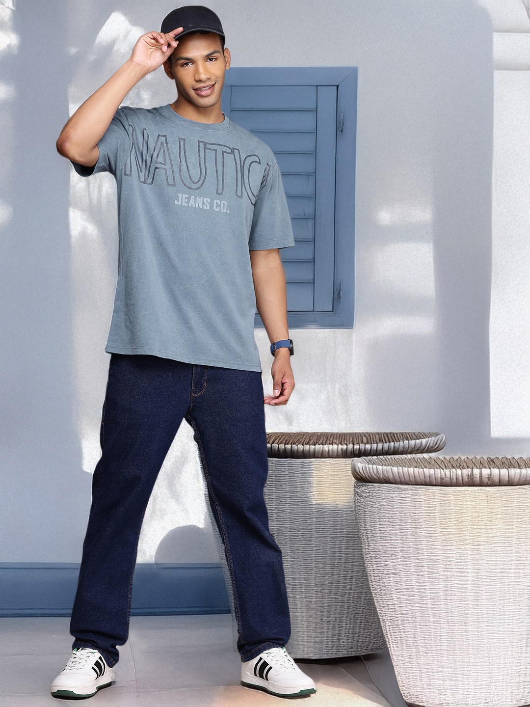 

Nautica Brand Logo Printed Drop-Shoulder Sleeves Pure Cotton T-shirt, Blue